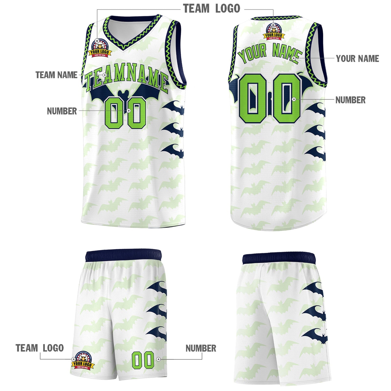 Custom White Fluorescent Green Navy Bat Pattern Halloween Basketball Jersey | For Men,For Kid,For Youth,Sublimation Printed,Perfect for Training,Perfect for Parties,Add Name and Numbern | KXKSHOP