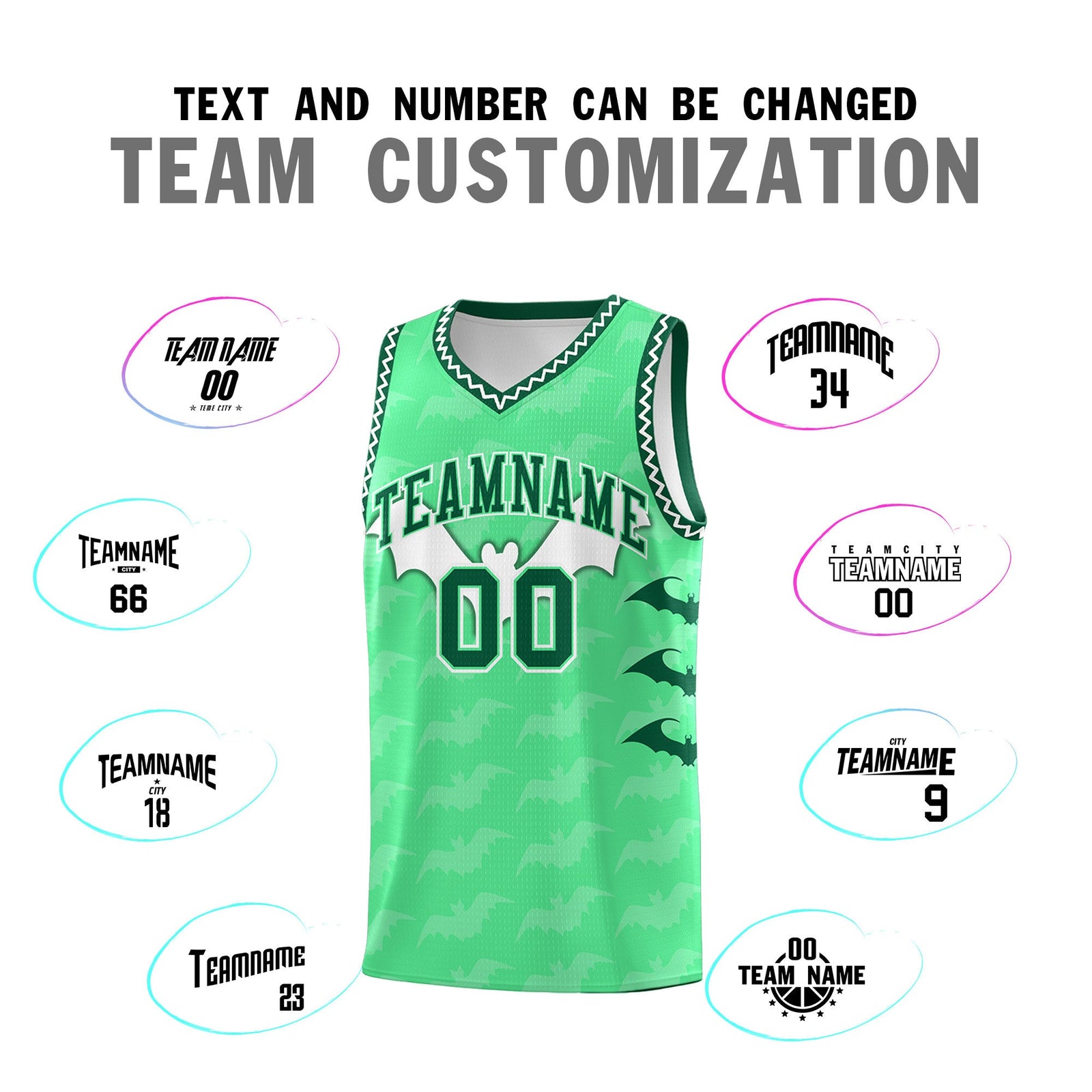 Custom Green White Bat Pattern Halloween Basketball Jersey | For Men,For Kid,For Youth,Sublimation Printed,Perfect for Training,Perfect for Parties,Add Name and Numbern | KXKSHOP