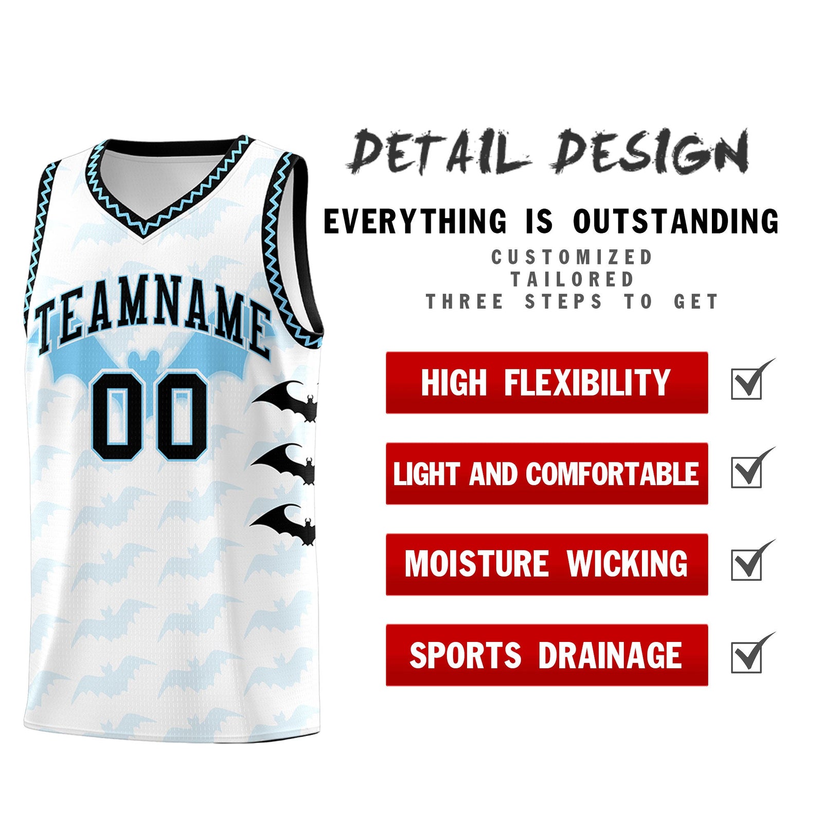 Custom White Light Blue Bat Pattern Halloween Basketball Jersey | For Men,For Kid,For Youth,Sublimation Printed,Perfect for Training,Perfect for Parties,Add Name and Numbern | KXKSHOP