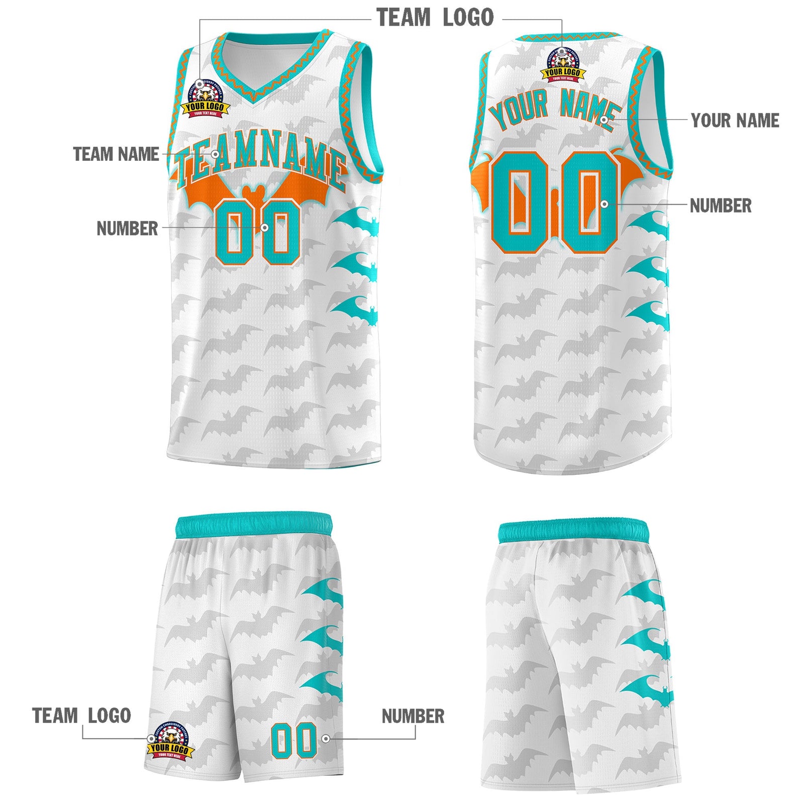 Custom White Orange Aqua Bat Pattern Halloween Basketball Jersey | For Men,For Kid,For Youth,Sublimation Printed,Perfect for Training,Perfect for Parties,Add Name and Numbern | KXKSHOP