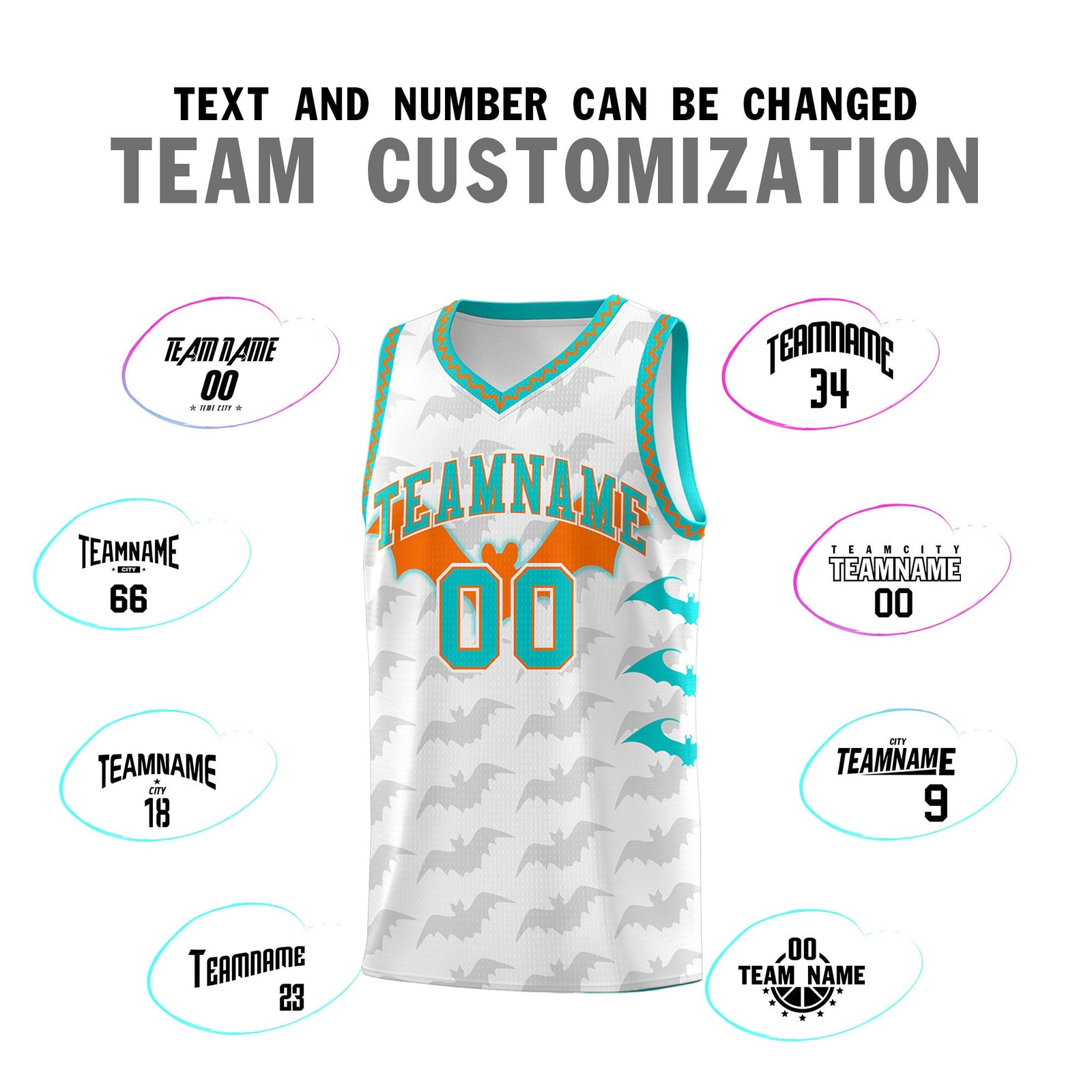 Custom White Orange Aqua Bat Pattern Halloween Basketball Jersey | For Men,For Kid,For Youth,Sublimation Printed,Perfect for Training,Perfect for Parties,Add Name and Numbern | KXKSHOP