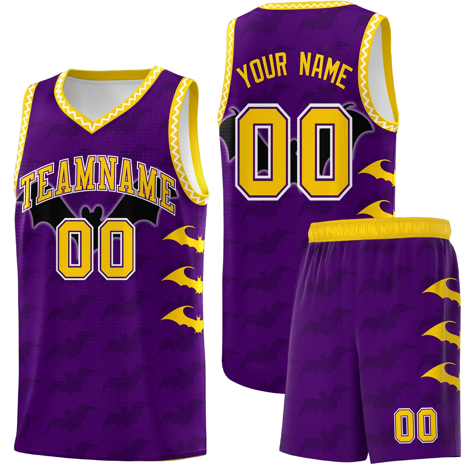 Custom Purple Gold White Bat Pattern Halloween Basketball Jersey | For Men,For Kid,For Youth,Sublimation Printed,Perfect for Training,Perfect for Parties,Add Name and Numbern | KXKSHOP