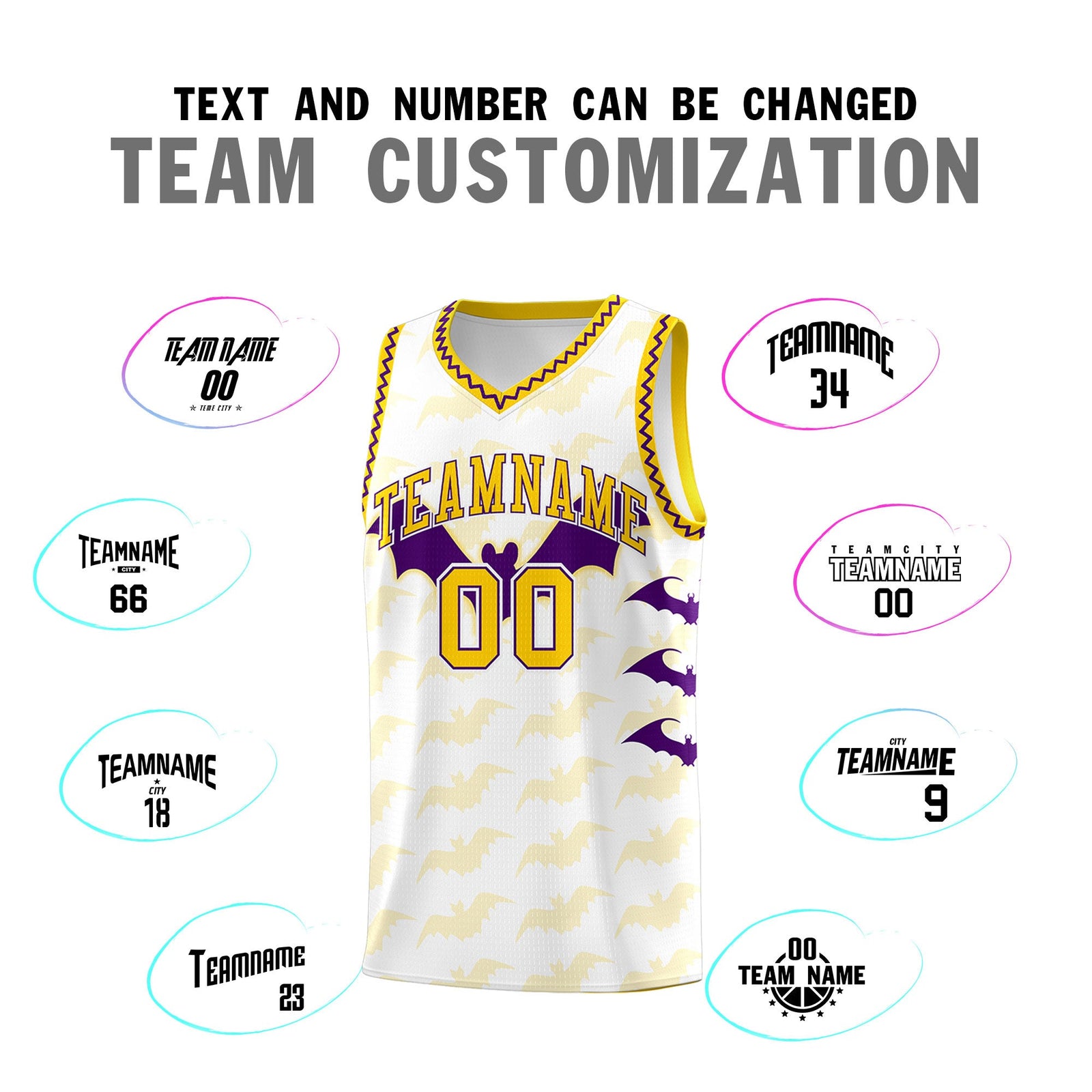 Custom White Purple Gold Bat Pattern Halloween Basketball Jersey | For Men,For Kid,For Youth,Sublimation Printed,Perfect for Training,Perfect for Parties,Add Name and Numbern | KXKSHOP