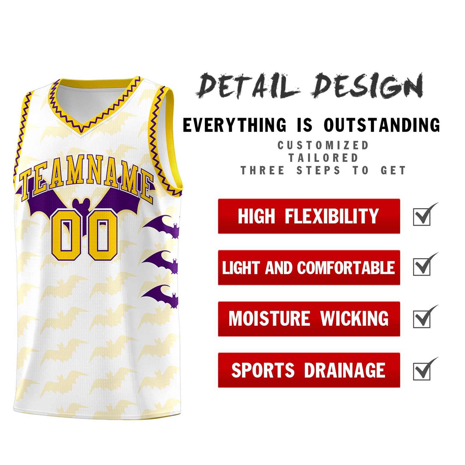 Custom White Purple Gold Bat Pattern Halloween Basketball Jersey | For Men,For Kid,For Youth,Sublimation Printed,Perfect for Training,Perfect for Parties,Add Name and Numbern | KXKSHOP