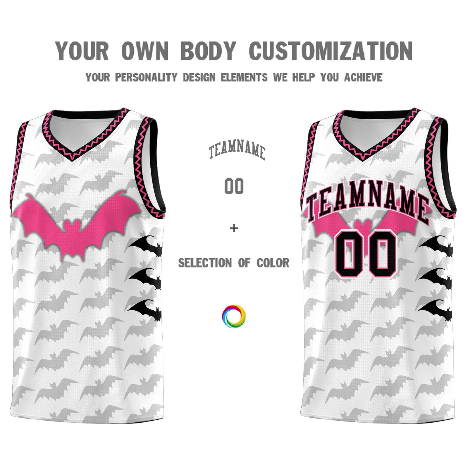 Custom White Black Pink Bat Pattern Halloween Basketball Jersey | For Men,For Kid,For Youth,Sublimation Printed,Perfect for Training,Perfect for Parties,Add Name and Numbern | KXKSHOP