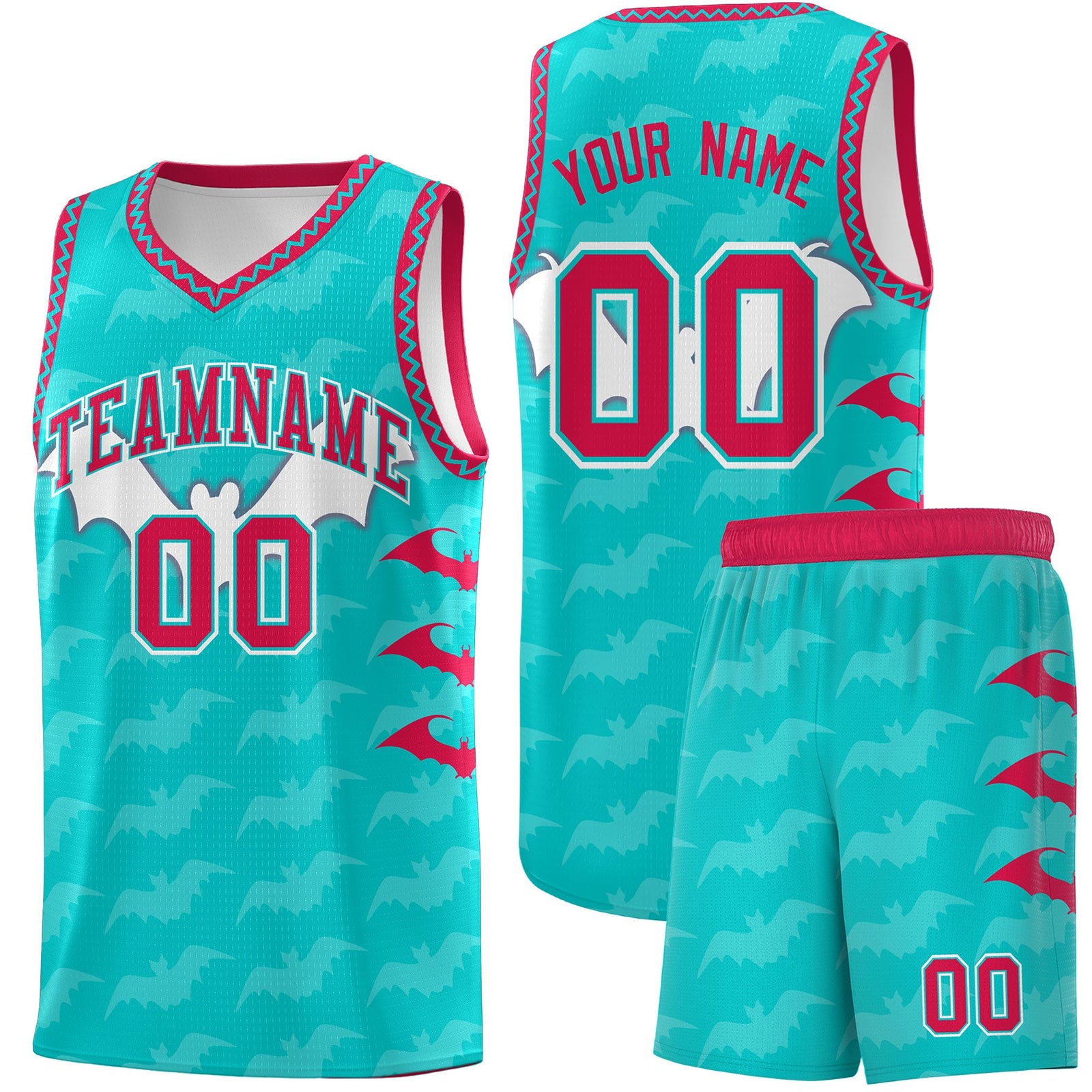 Custom Aqua White Red Bat Pattern Halloween Basketball Jersey | For Men,For Kid,For Youth,Sublimation Printed,Perfect for Training,Perfect for Parties,Add Name and Numbern | KXKSHOP
