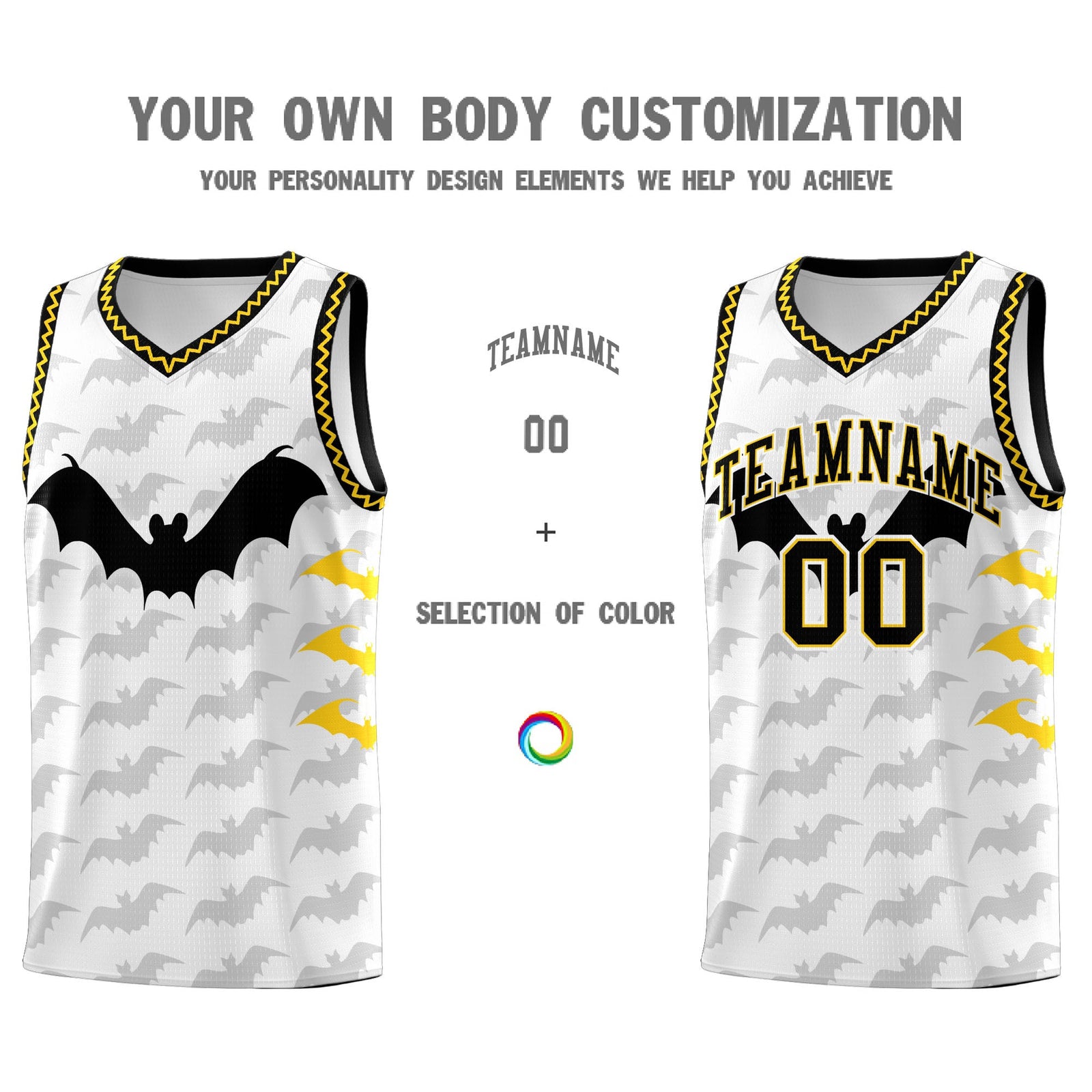 Custom White Gold Black Bat Pattern Halloween Basketball Jersey | For Men,For Kid,For Youth,Sublimation Printed,Perfect for Training,Perfect for Parties,Add Name and Numbern | KXKSHOP