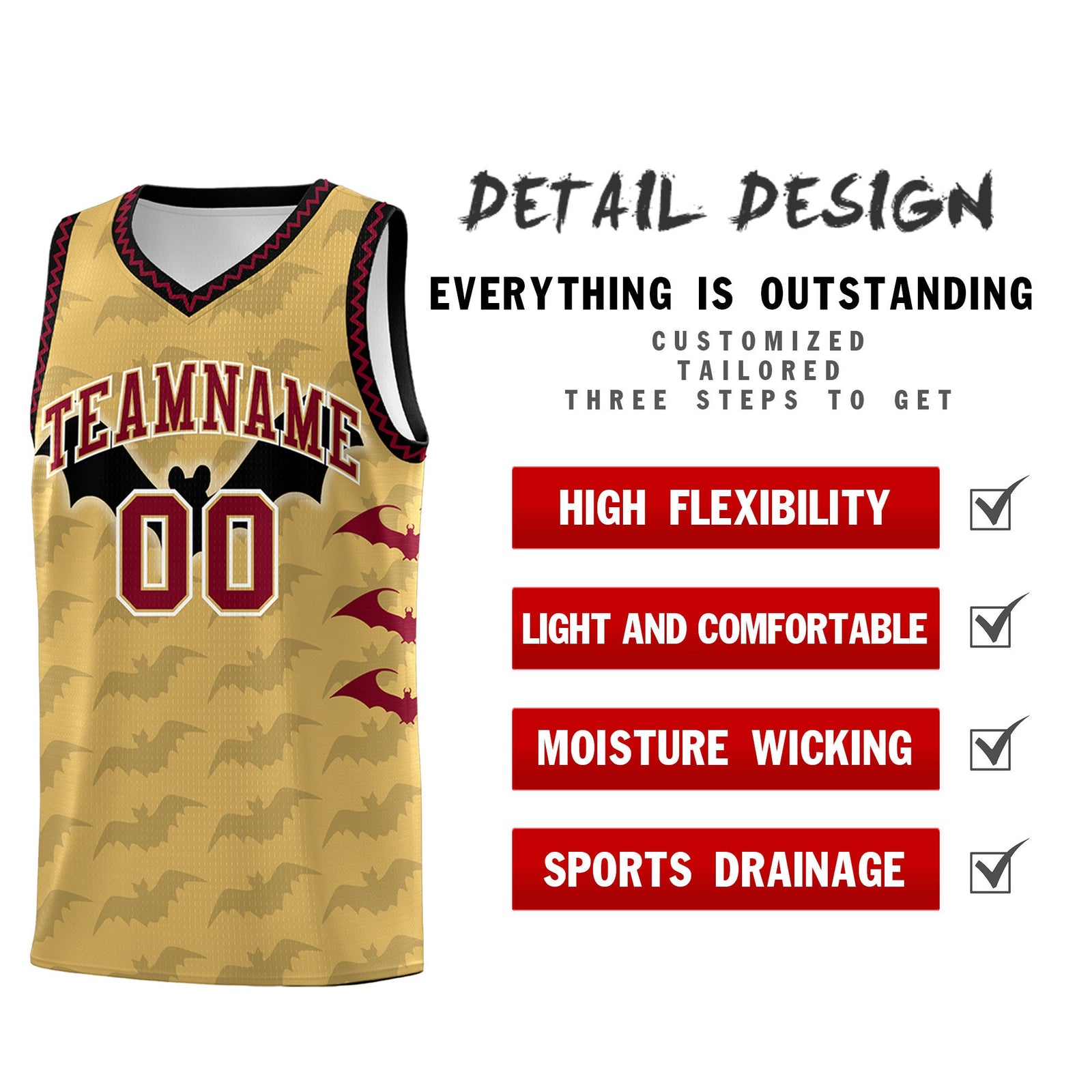 Custom Old Gold Crimson Bat Pattern Halloween Basketball Jersey | For Men,For Kid,For Youth,Sublimation Printed,Perfect for Training,Perfect for Parties,Add Name and Numbern | KXKSHOP
