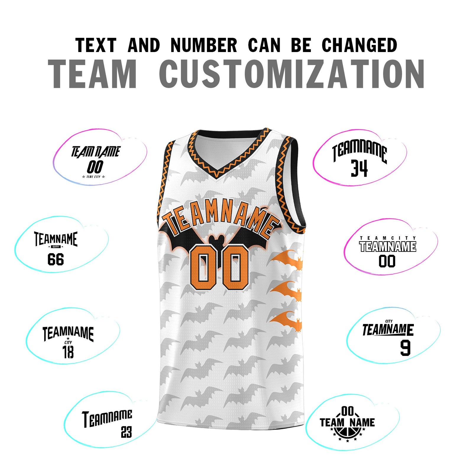 Custom White Black Bat Pattern Halloween Basketball Jersey | For Men,For Kid,For Youth,Sublimation Printed,Perfect for Training,Perfect for Parties,Add Name and Numbern | KXKSHOP