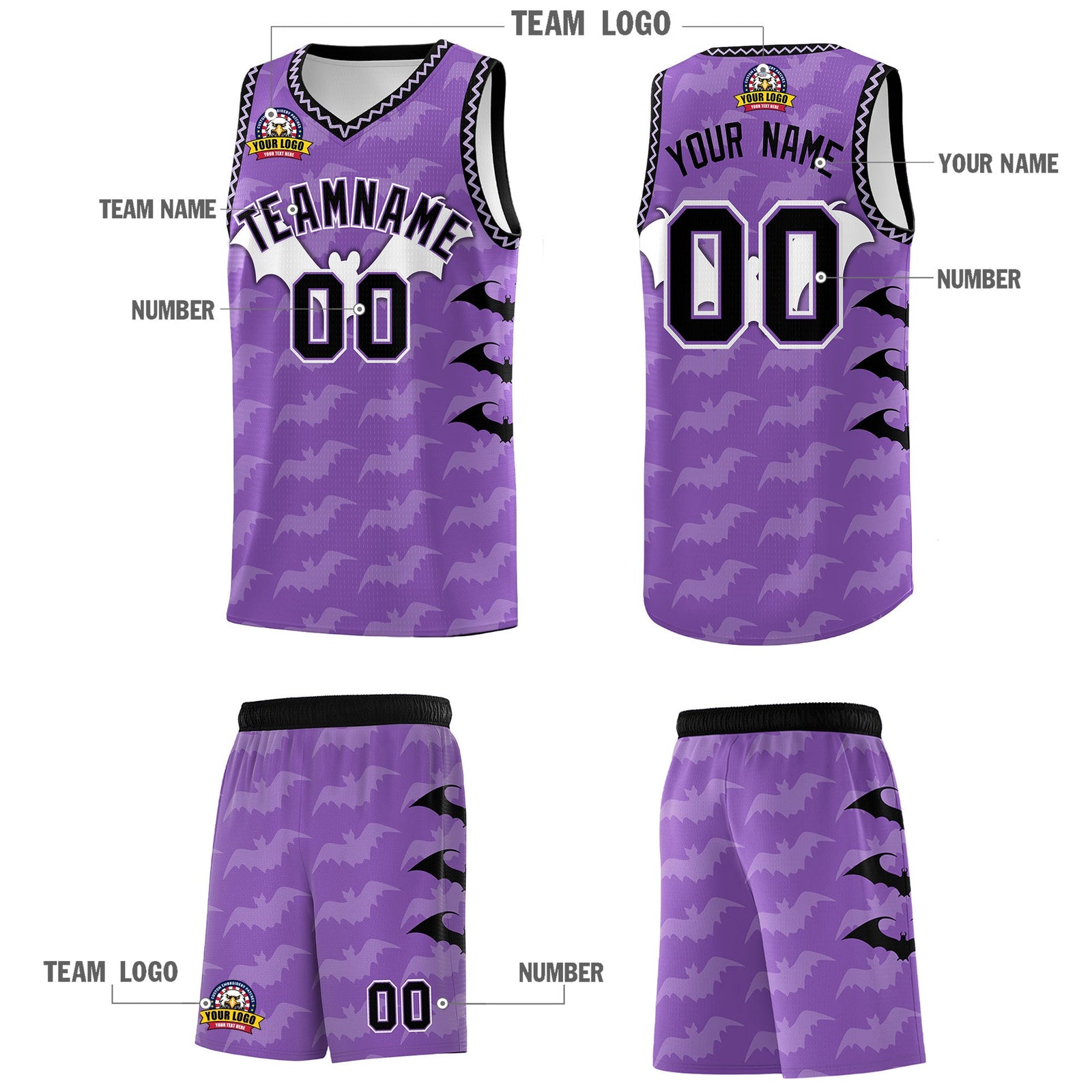 Custom Light Purple Bat Pattern Halloween Basketball Jersey | For Men,For Kid,For Youth,Sublimation Printed,Perfect for Training,Perfect for Parties,Add Name and Numbern | KXKSHOP