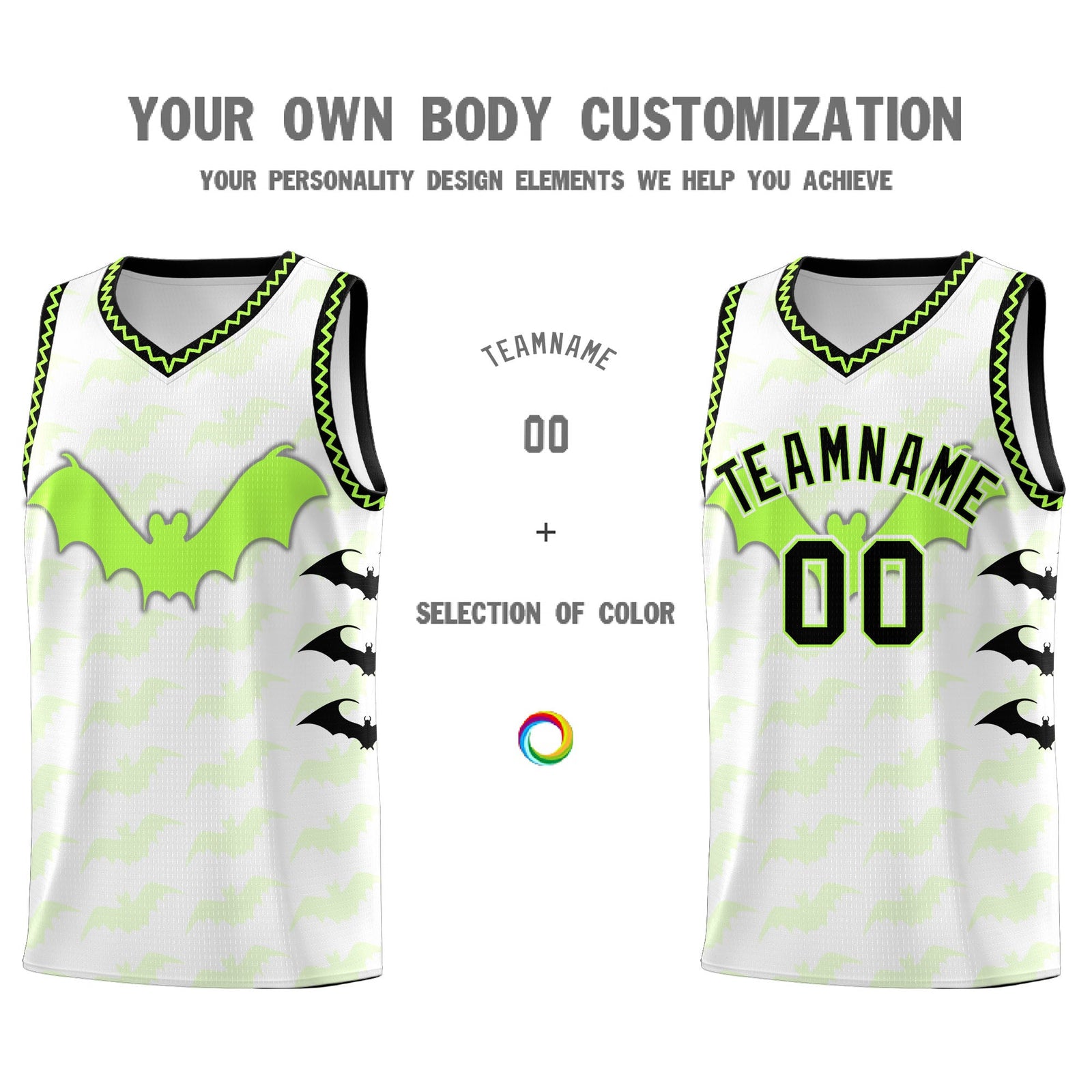 Custom White Fluorescent Green Black Bat Pattern Halloween Basketball Jersey | For Men,For Kid,For Youth,Sublimation Printed,Perfect for Training,Perfect for Parties,Add Name and Numbern | KXKSHOP