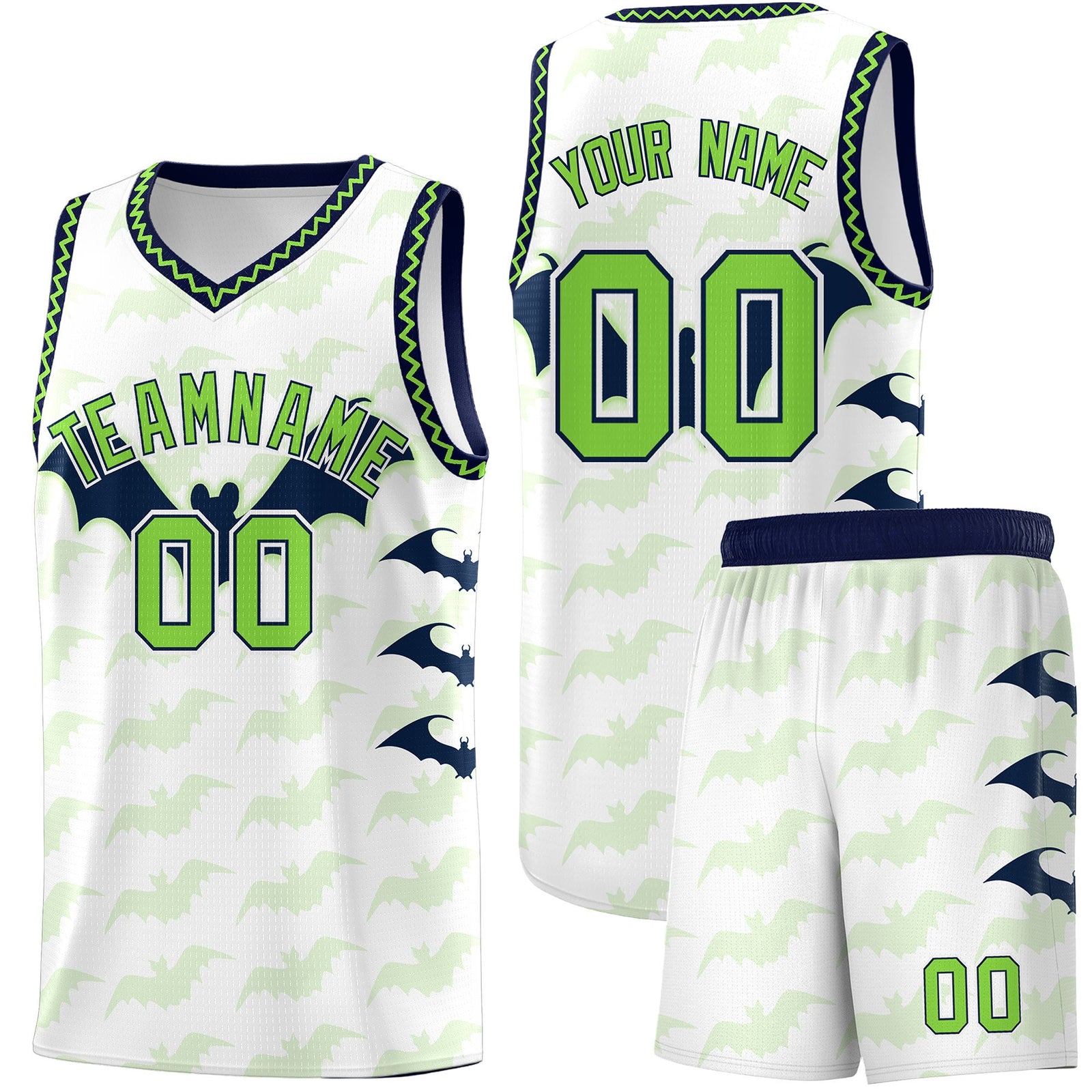 Custom White Fluorescent Green Navy Bat Pattern Halloween Basketball Jersey | For Men,For Kid,For Youth,Sublimation Printed,Perfect for Training,Perfect for Parties,Add Name and Numbern | KXKSHOP