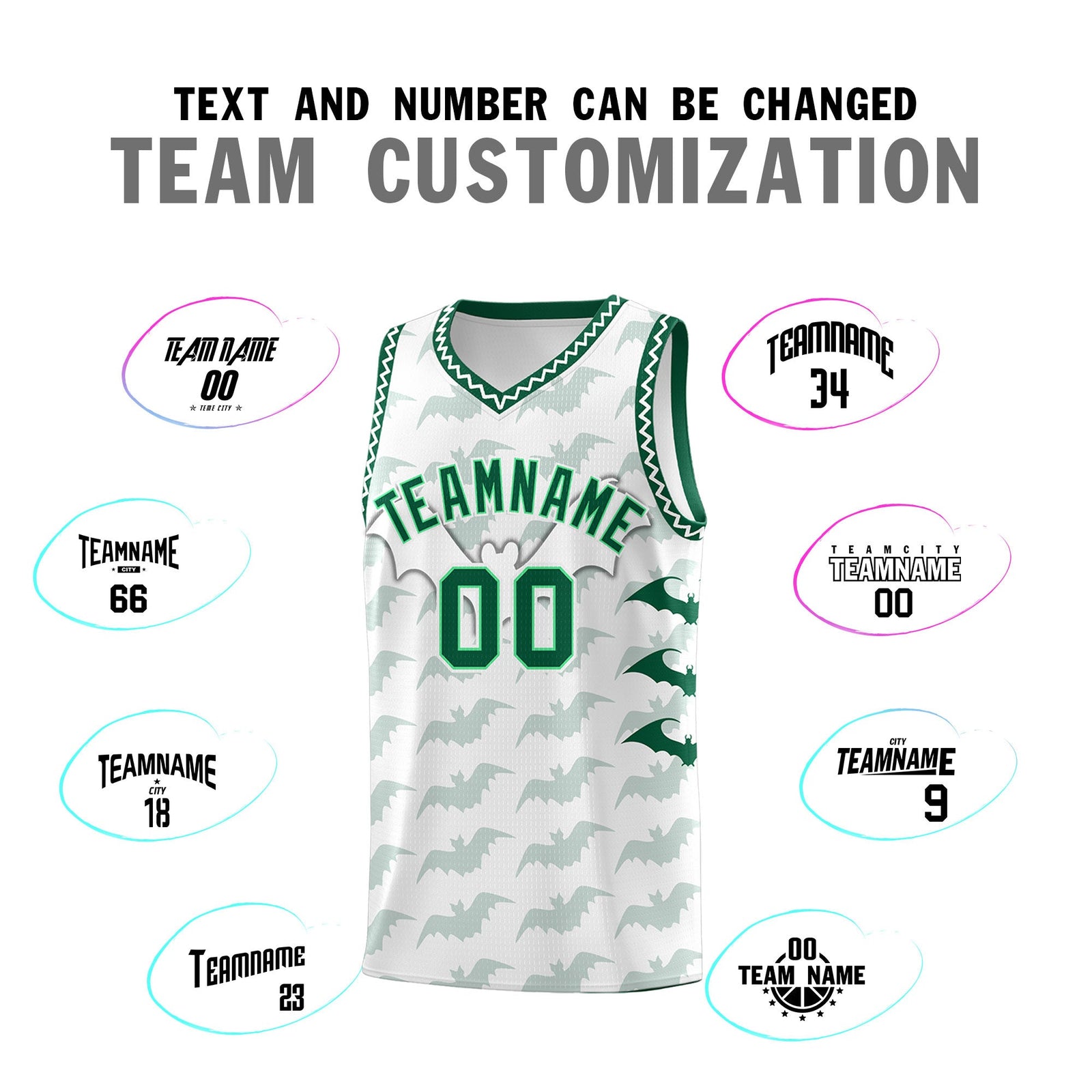 Custom White Kelly Green Bat Pattern Halloween Basketball Jersey | For Men,For Kid,For Youth,Sublimation Printed,Perfect for Training,Perfect for Parties,Add Name and Numbern | KXKSHOP