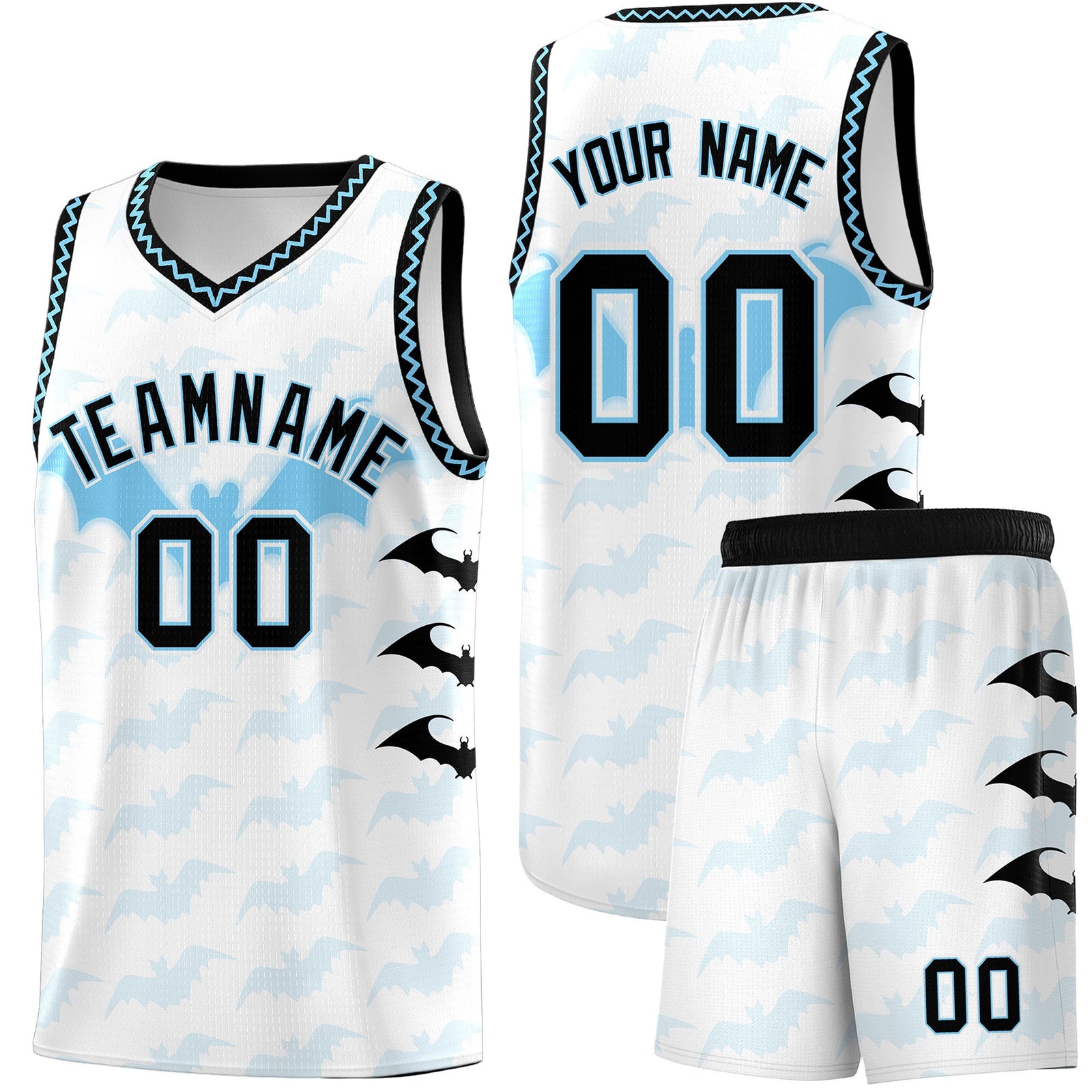 Custom White Light Blue Bat Pattern Halloween Basketball Jersey | For Men,For Kid,For Youth,Sublimation Printed,Perfect for Training,Perfect for Parties,Add Name and Numbern | KXKSHOP