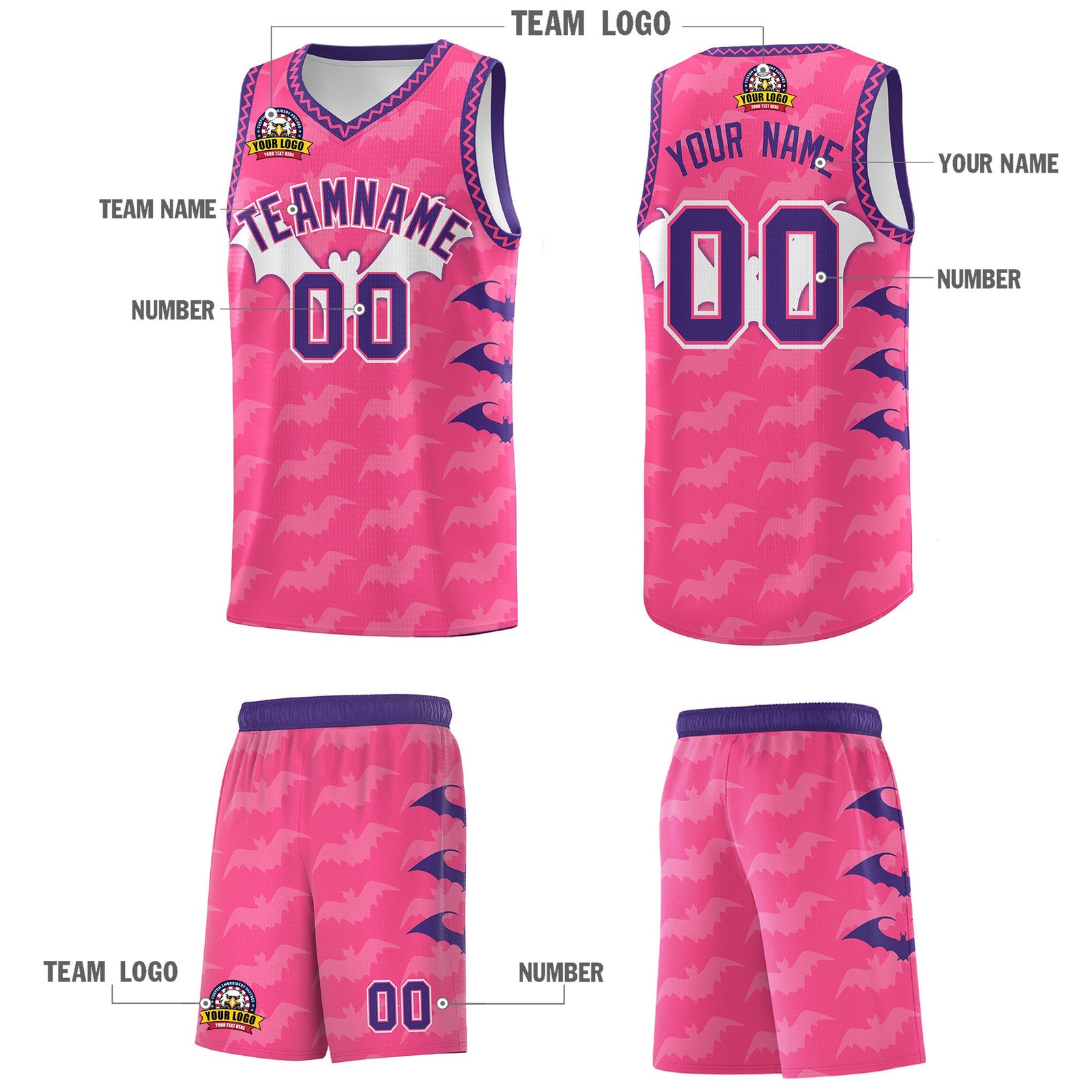 Custom Pink Purple Bat Pattern Halloween Basketball Jersey | For Men,For Kid,For Youth,Sublimation Printed,Perfect for Training,Perfect for Parties,Add Name and Numbern | KXKSHOP