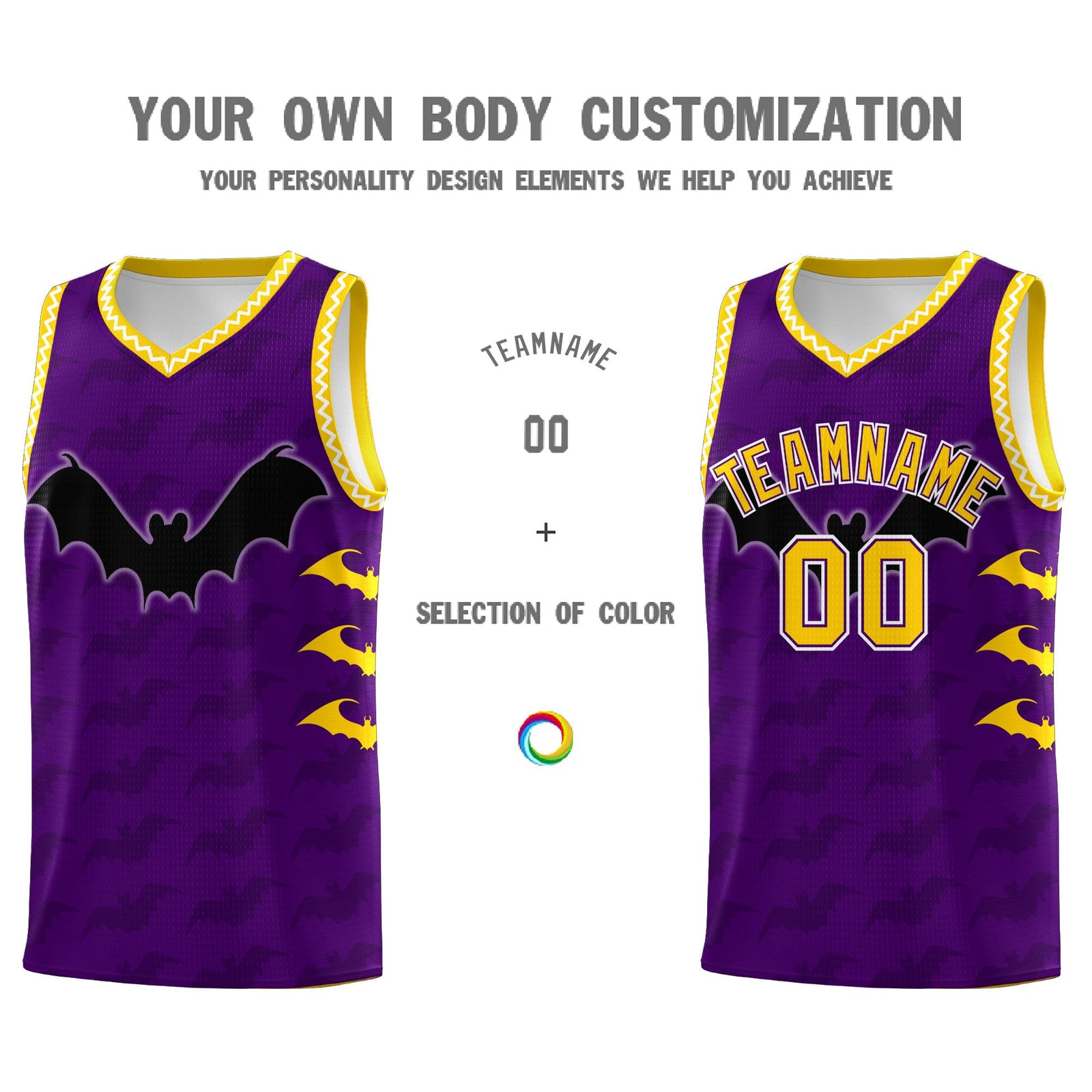 Custom Purple Gold White Bat Pattern Halloween Basketball Jersey | For Men,For Kid,For Youth,Sublimation Printed,Perfect for Training,Perfect for Parties,Add Name and Numbern | KXKSHOP