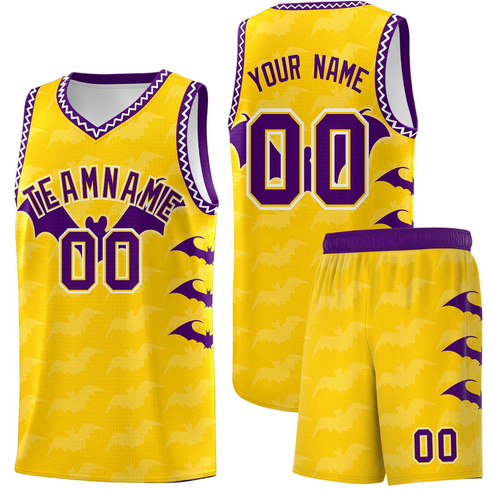 Custom Gold White Purple Bat Pattern Halloween Basketball Jersey | For Men,For Kid,For Youth,Sublimation Printed,Perfect for Training,Perfect for Parties,Add Name and Numbern | KXKSHOP