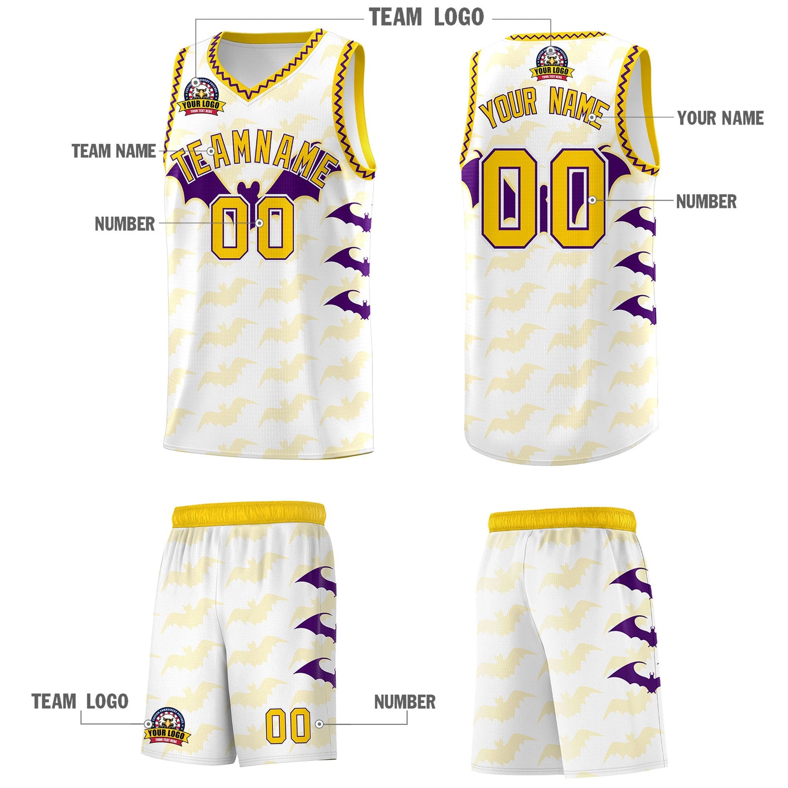 Custom White Purple Gold Bat Pattern Halloween Basketball Jersey | For Men,For Kid,For Youth,Sublimation Printed,Perfect for Training,Perfect for Parties,Add Name and Numbern | KXKSHOP