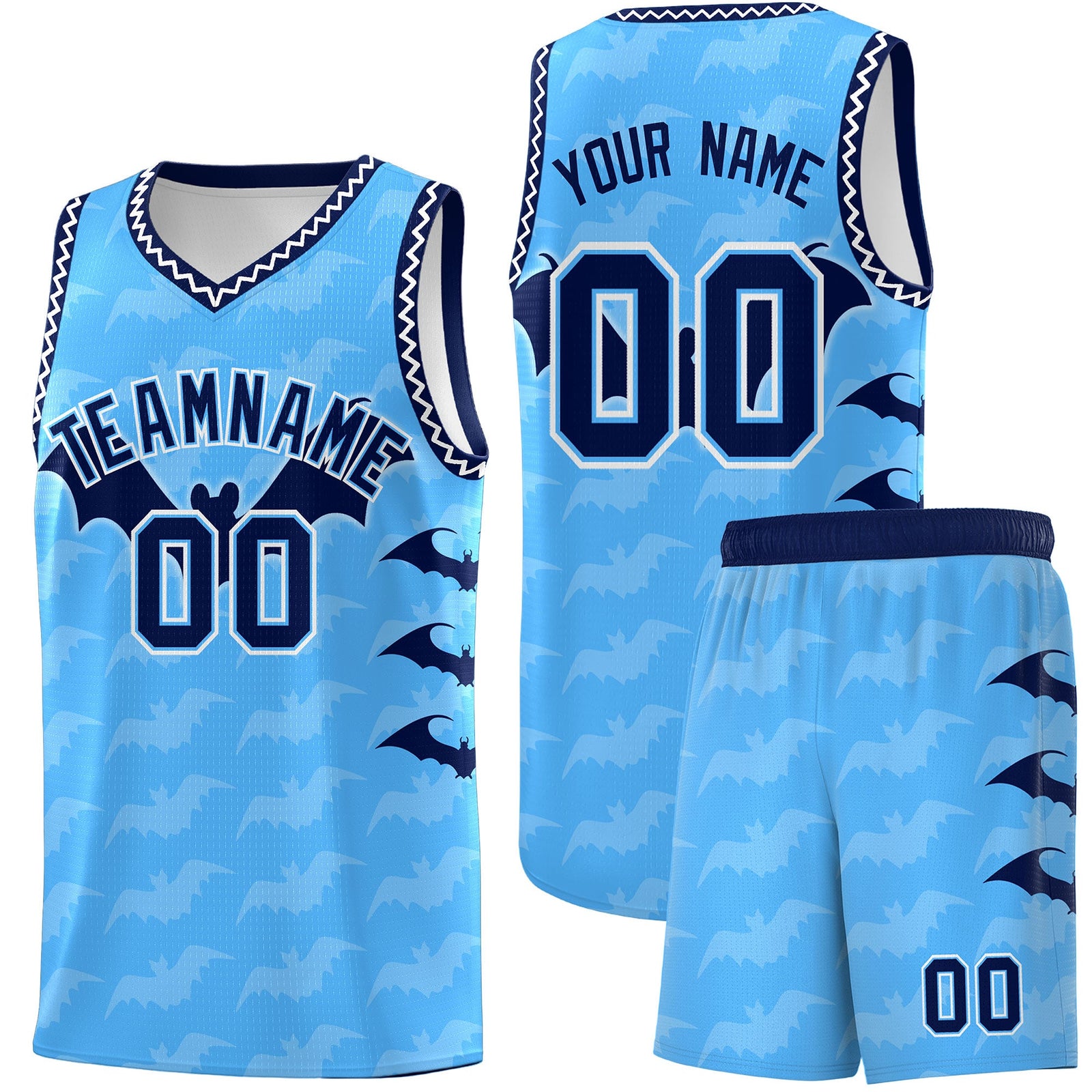 Custom Powder Blue White Bat Pattern Halloween Basketball Jersey | For Men,For Kid,For Youth,Sublimation Printed,Perfect for Training,Perfect for Parties,Add Name and Numbern | KXKSHOP