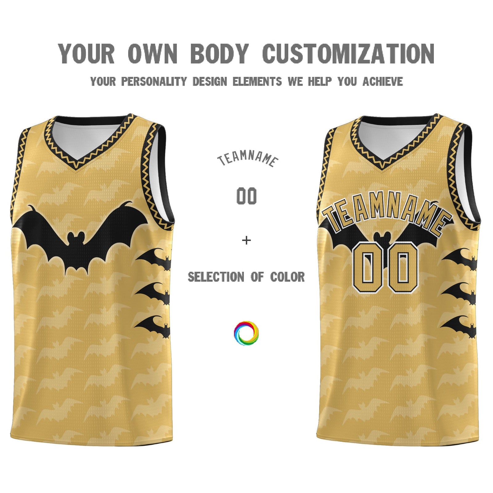 Custom Old Gold Black White Bat Pattern Halloween Basketball Jersey | For Men,For Kid,For Youth,Sublimation Printed,Perfect for Training,Perfect for Parties,Add Name and Numbern | KXKSHOP