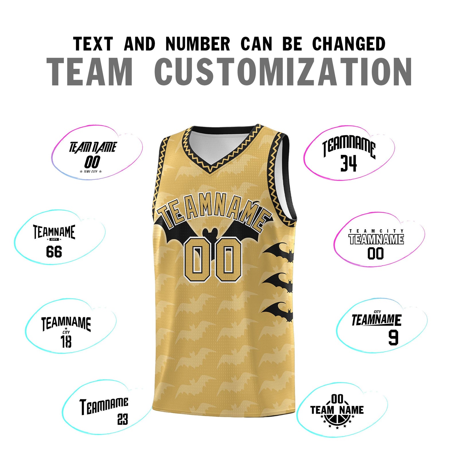 Custom Old Gold Black White Bat Pattern Halloween Basketball Jersey | For Men,For Kid,For Youth,Sublimation Printed,Perfect for Training,Perfect for Parties,Add Name and Numbern | KXKSHOP