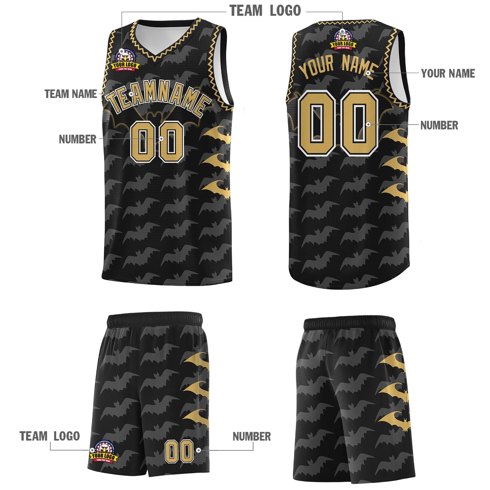Custom Black Old Gold White Bat Pattern Halloween Basketball Jersey | For Men,For Kid,For Youth,Sublimation Printed,Perfect for Training,Perfect for Parties,Add Name and Numbern | KXKSHOP