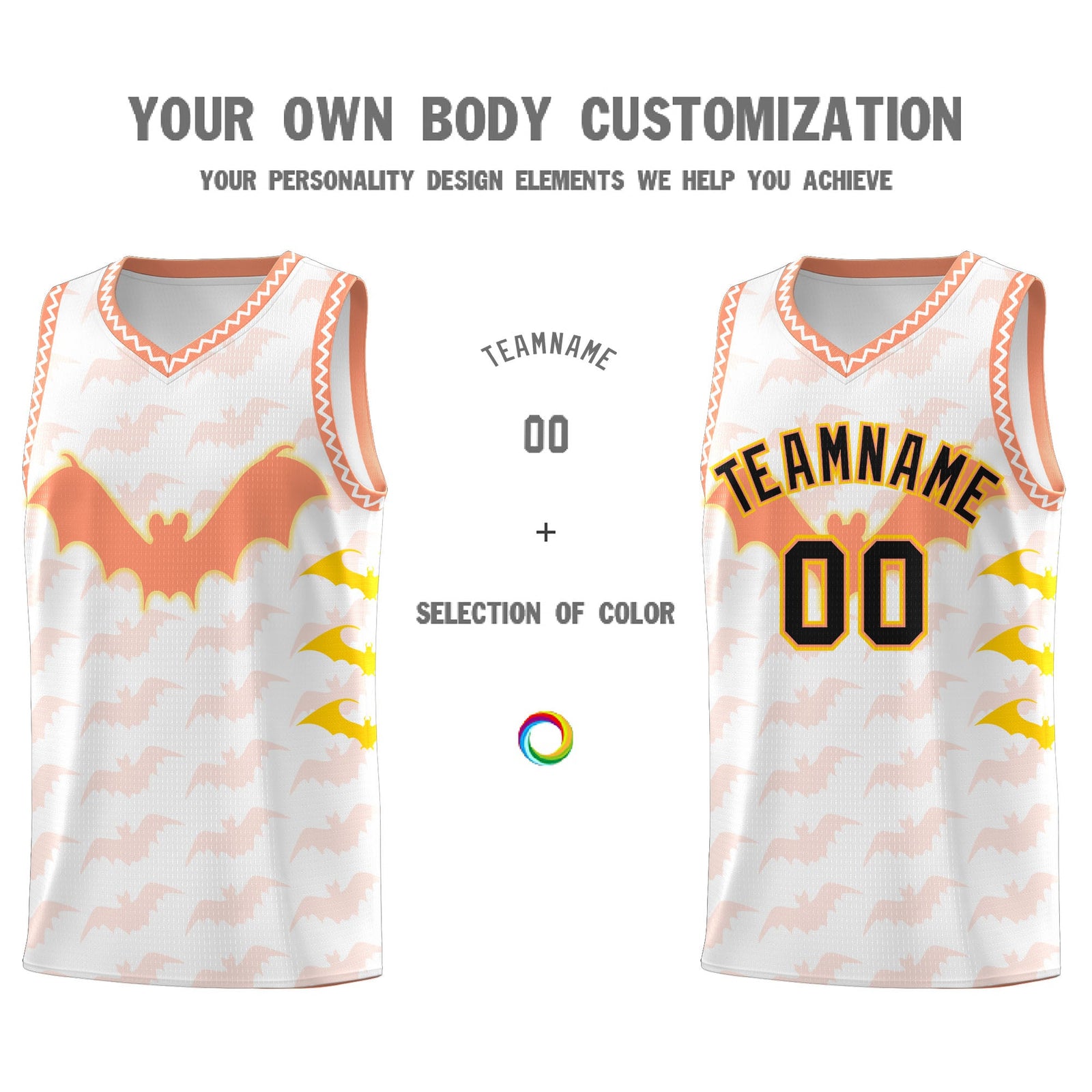 Custom White Gold Light Orange Bat Pattern Halloween Basketball Jersey | For Men,For Kid,For Youth,Sublimation Printed,Perfect for Training,Perfect for Parties,Add Name and Numbern | KXKSHOP