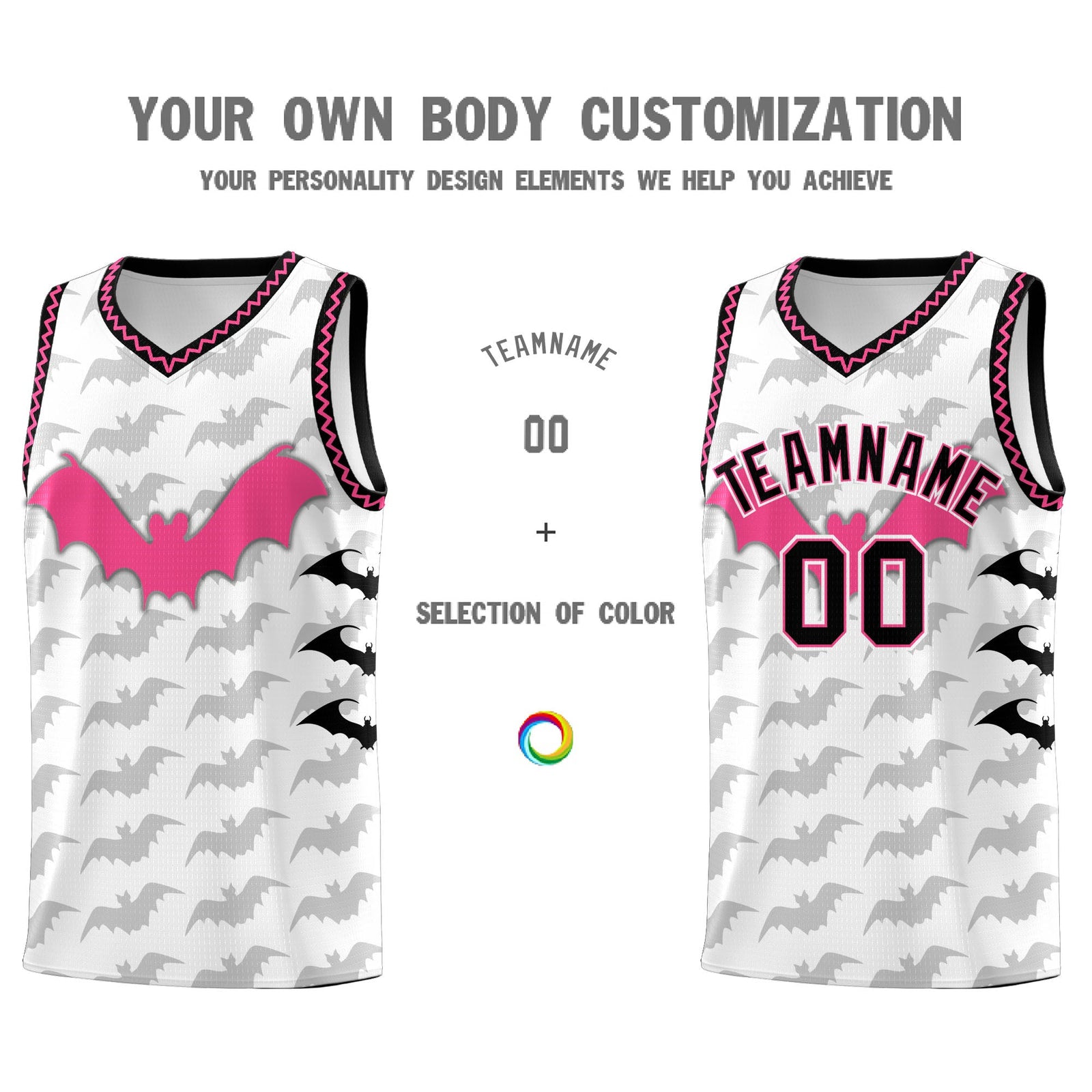Custom White Black Pink Bat Pattern Halloween Basketball Jersey | For Men,For Kid,For Youth,Sublimation Printed,Perfect for Training,Perfect for Parties,Add Name and Numbern | KXKSHOP