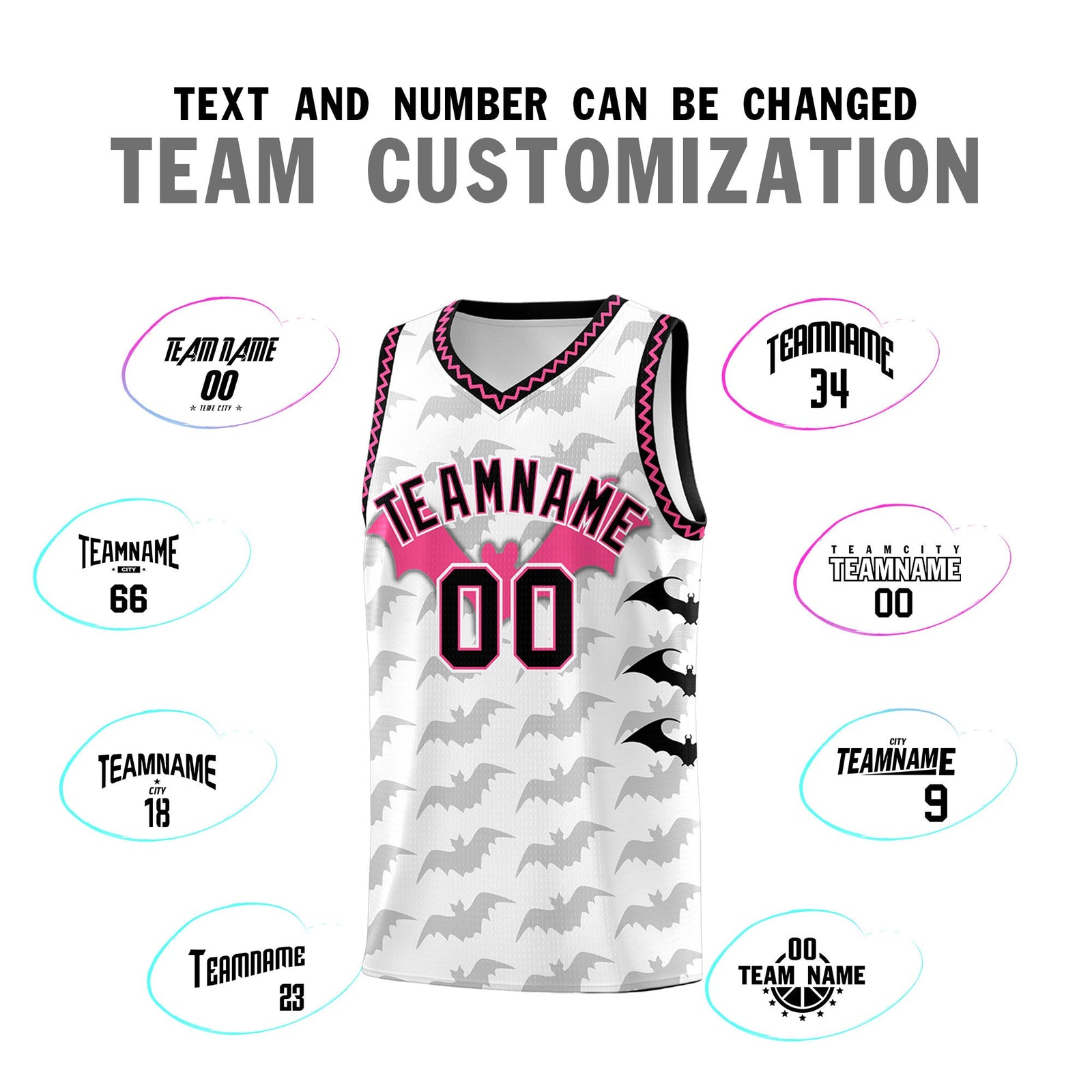 Custom White Black Pink Bat Pattern Halloween Basketball Jersey | For Men,For Kid,For Youth,Sublimation Printed,Perfect for Training,Perfect for Parties,Add Name and Numbern | KXKSHOP