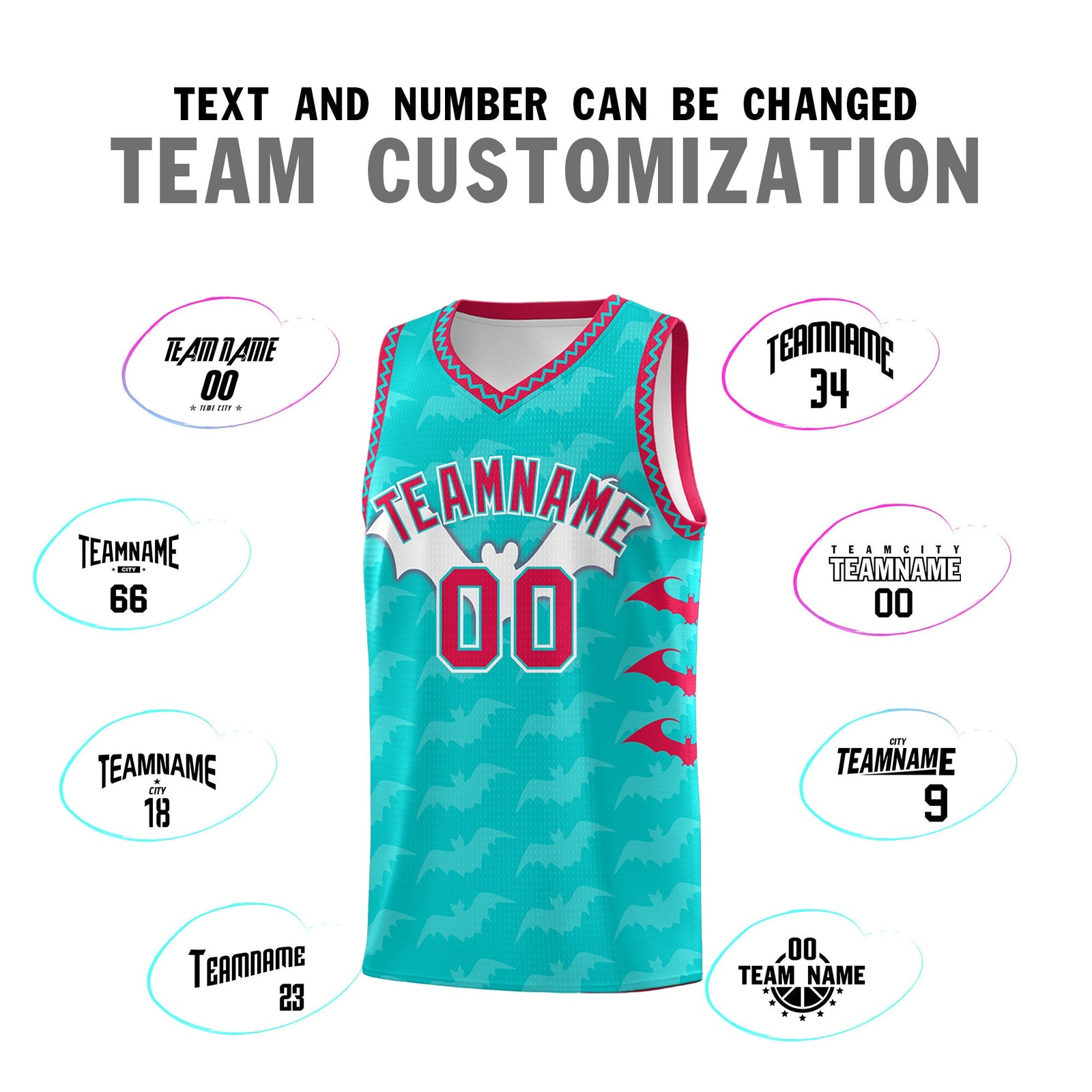 Custom Aqua White Red Bat Pattern Halloween Basketball Jersey | For Men,For Kid,For Youth,Sublimation Printed,Perfect for Training,Perfect for Parties,Add Name and Numbern | KXKSHOP