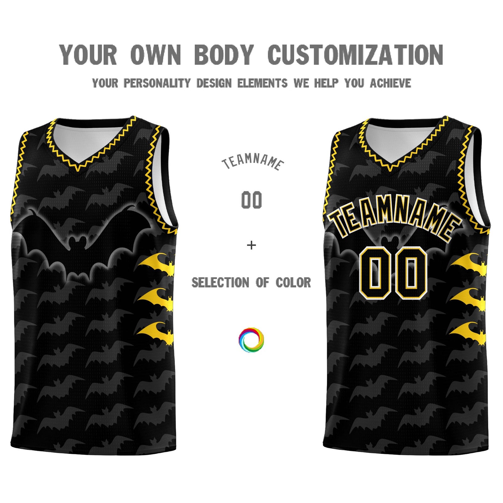Custom Black Gold Bat Pattern Halloween Basketball Jersey | For Men,For Kid,For Youth,Sublimation Printed,Perfect for Training,Perfect for Parties,Add Name and Numbern | KXKSHOP