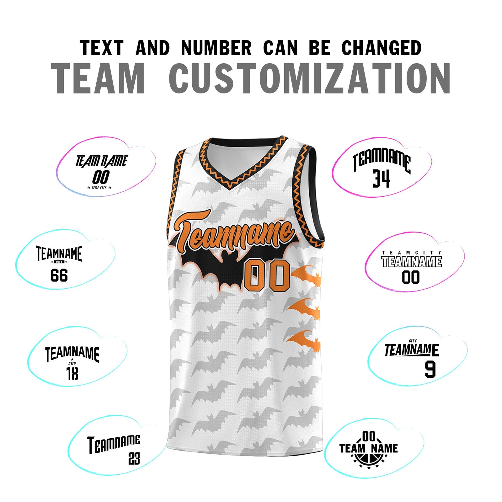 Custom White Black Bat Pattern Halloween Basketball Jersey | For Men,For Kid,For Youth,Sublimation Printed,Perfect for Training,Perfect for Parties,Add Name and Numbern | KXKSHOP
