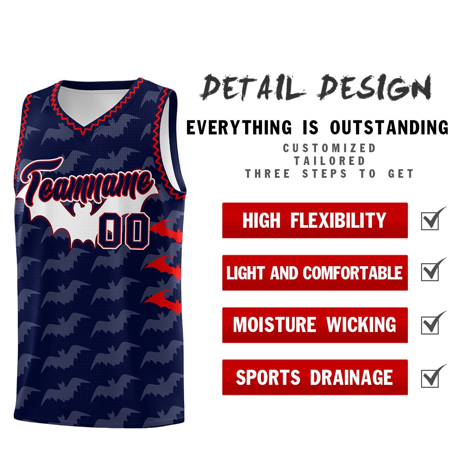 Custom Navy Red Bat Pattern Halloween Basketball Jersey | For Men,For Kid,For Youth,Sublimation Printed,Perfect for Training,Perfect for Parties,Add Name and Numbern | KXKSHOP