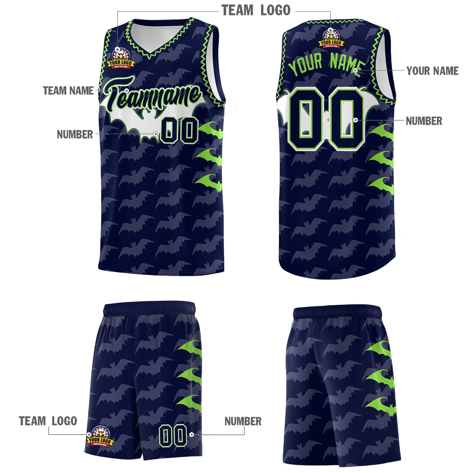 Custom Navy Fluorescent Green Bat Pattern Halloween Basketball Jersey | For Men,For Kid,For Youth,Sublimation Printed,Perfect for Training,Perfect for Parties,Add Name and Numbern | KXKSHOP