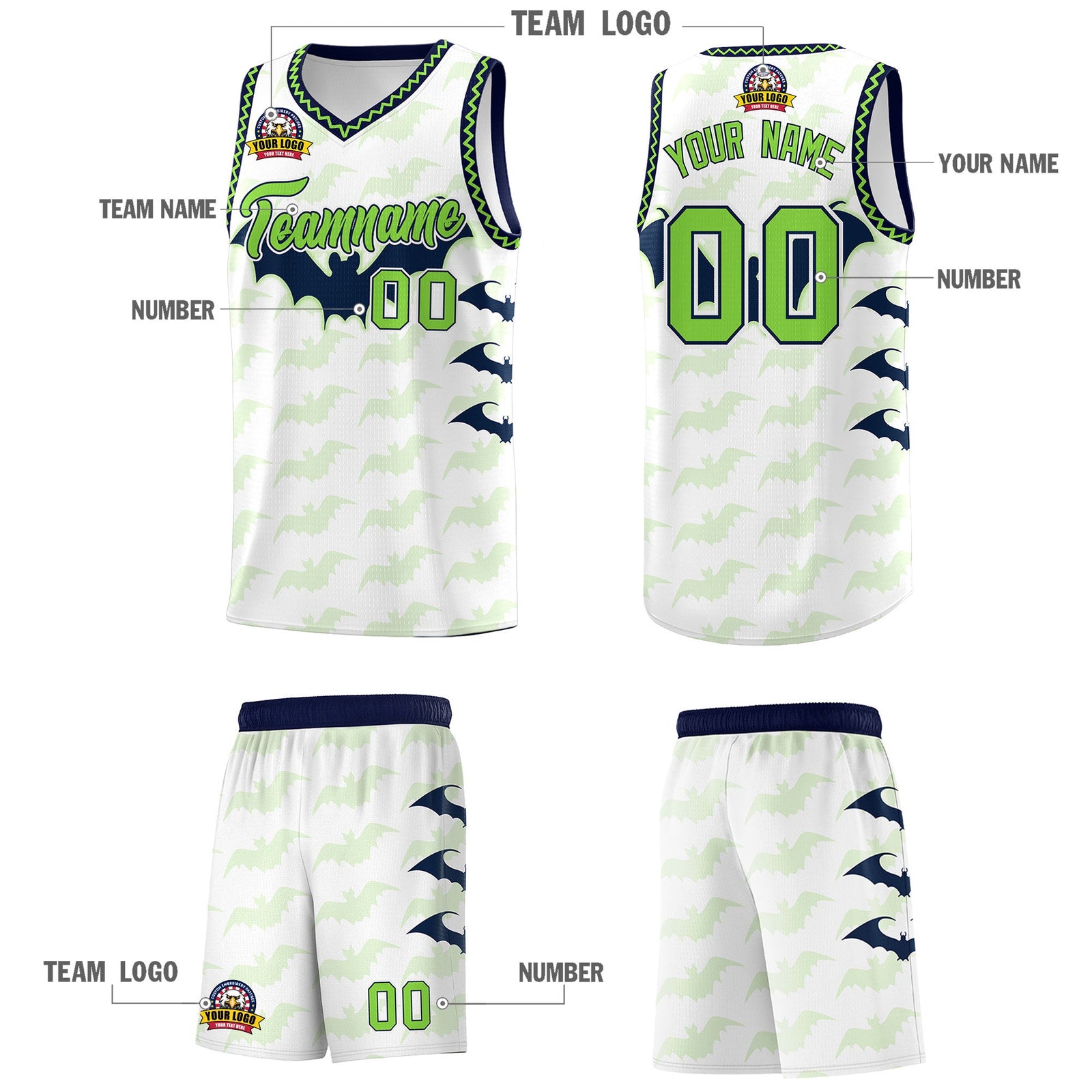 Custom White Fluorescent Green Navy Bat Pattern Halloween Basketball Jersey | For Men,For Kid,For Youth,Sublimation Printed,Perfect for Training,Perfect for Parties,Add Name and Numbern | KXKSHOP