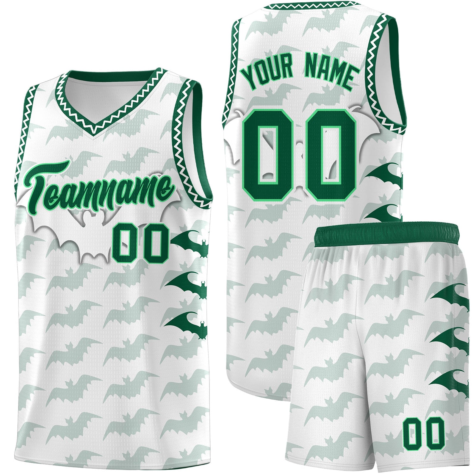 Custom White Kelly Green Bat Pattern Halloween Basketball Jersey | For Men,For Kid,For Youth,Sublimation Printed,Perfect for Training,Perfect for Parties,Add Name and Numbern | KXKSHOP