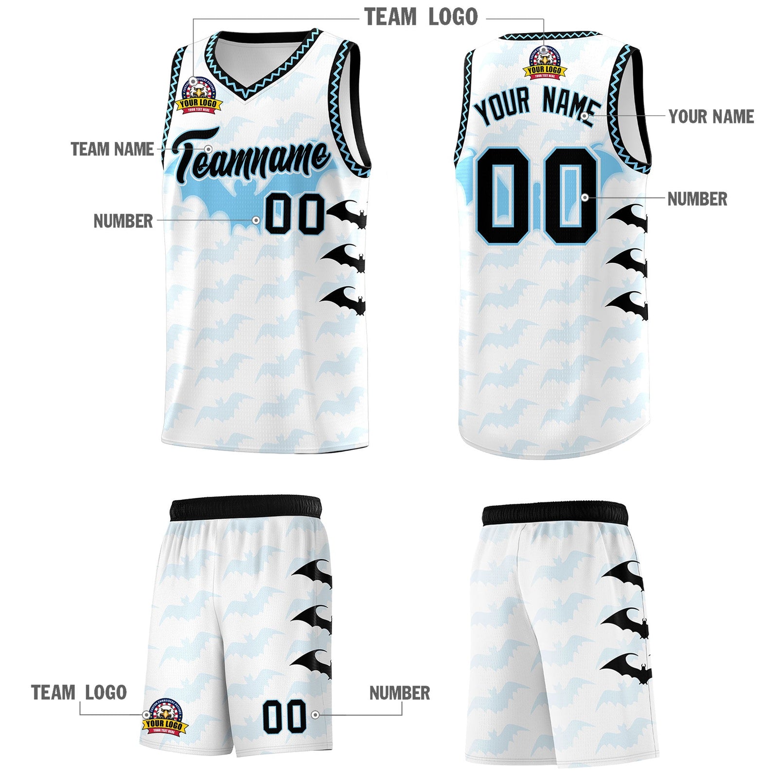 Custom White Light Blue Bat Pattern Halloween Basketball Jersey | For Men,For Kid,For Youth,Sublimation Printed,Perfect for Training,Perfect for Parties,Add Name and Numbern | KXKSHOP