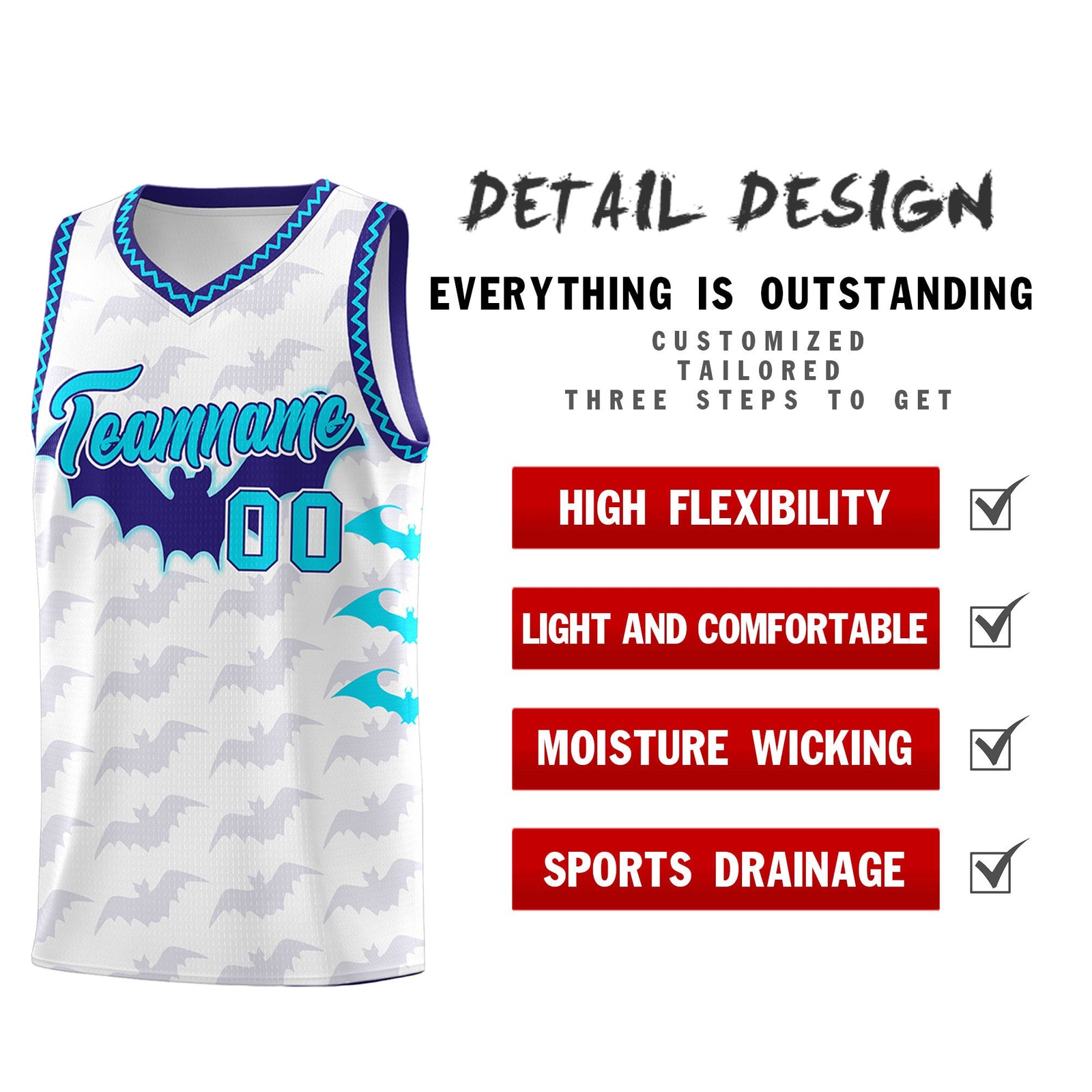 Custom White Sky Blue Bat Pattern Halloween Basketball Jersey | For Men,For Kid,For Youth,Sublimation Printed,Perfect for Training,Perfect for Parties,Add Name and Numbern | KXKSHOP