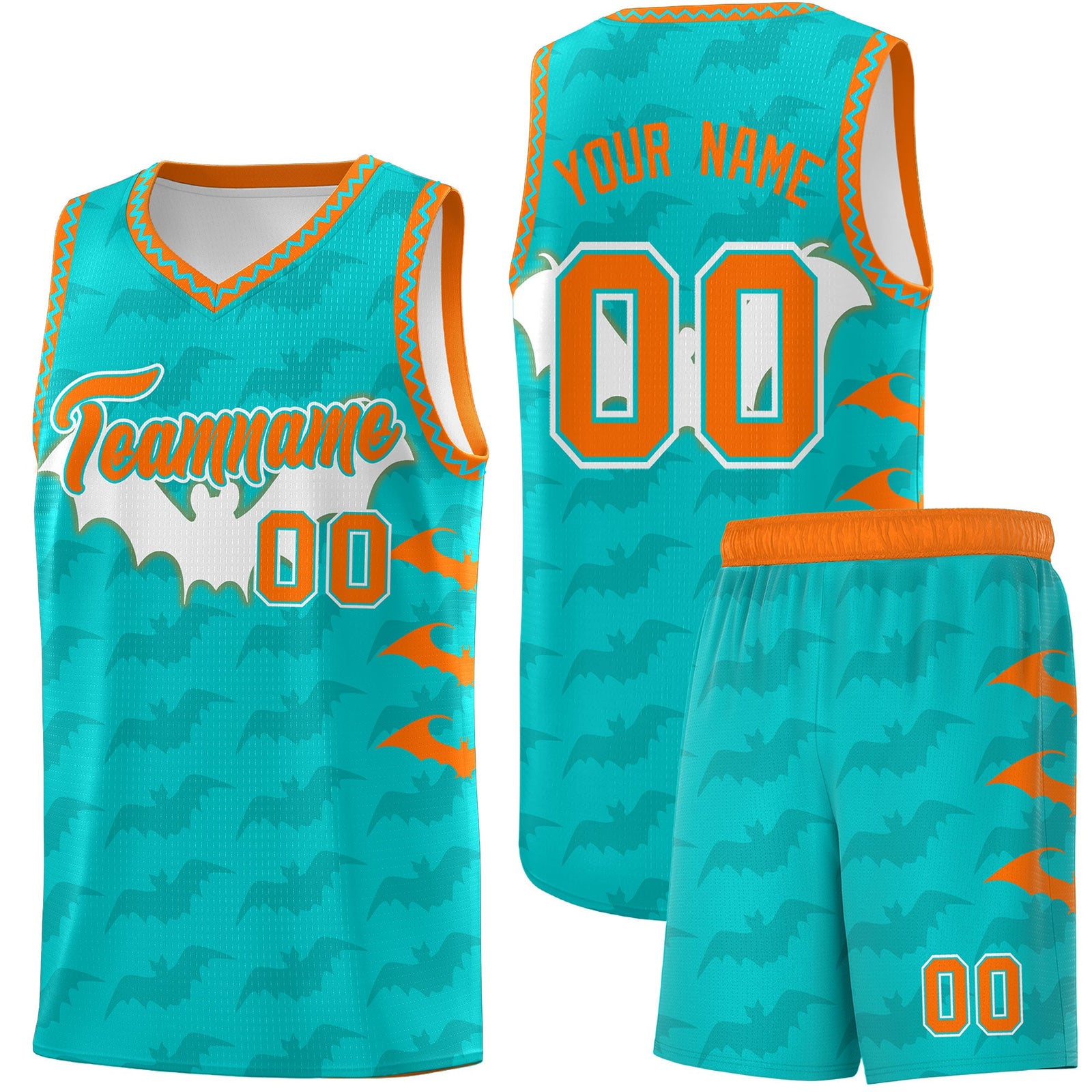 Custom Aqua Orange Bat Pattern Halloween Basketball Jersey | For Men,For Kid,For Youth,Sublimation Printed,Perfect for Training,Perfect for Parties,Add Name and Numbern | KXKSHOP