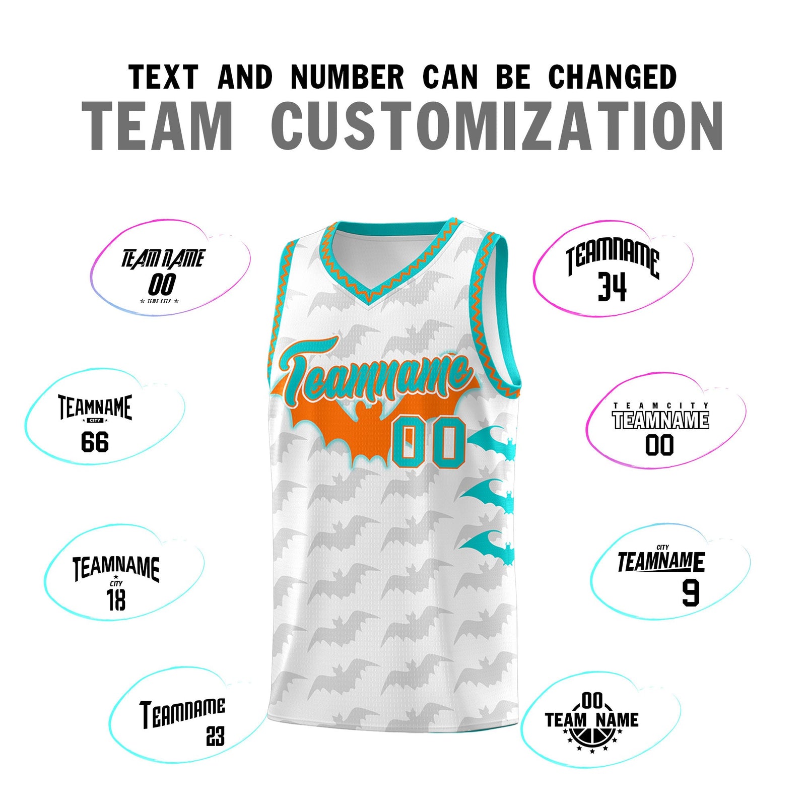 Custom White Orange Aqua Bat Pattern Halloween Basketball Jersey | For Men,For Kid,For Youth,Sublimation Printed,Perfect for Training,Perfect for Parties,Add Name and Numbern | KXKSHOP