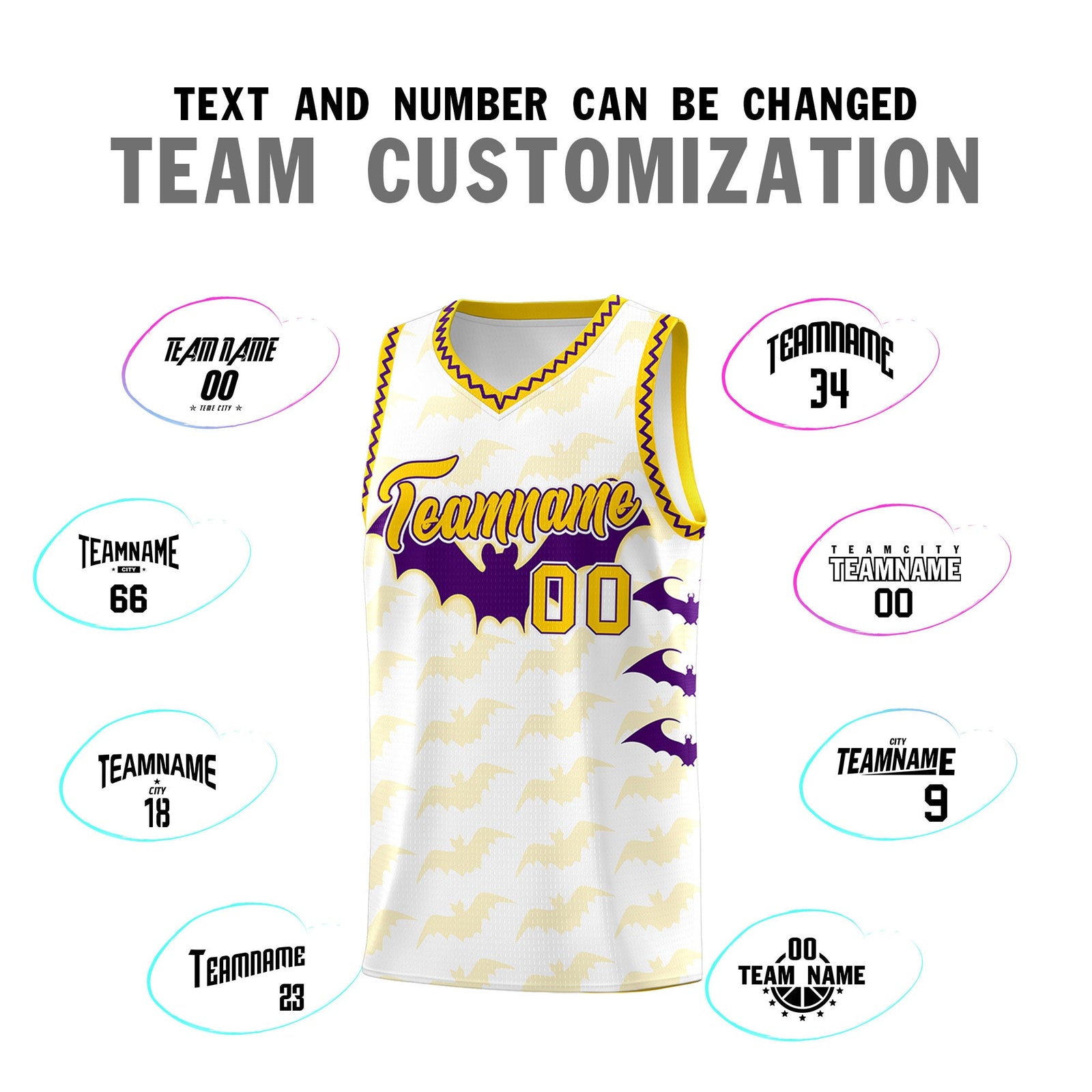 Custom White Purple Gold Bat Pattern Halloween Basketball Jersey | For Men,For Kid,For Youth,Sublimation Printed,Perfect for Training,Perfect for Parties,Add Name and Numbern | KXKSHOP