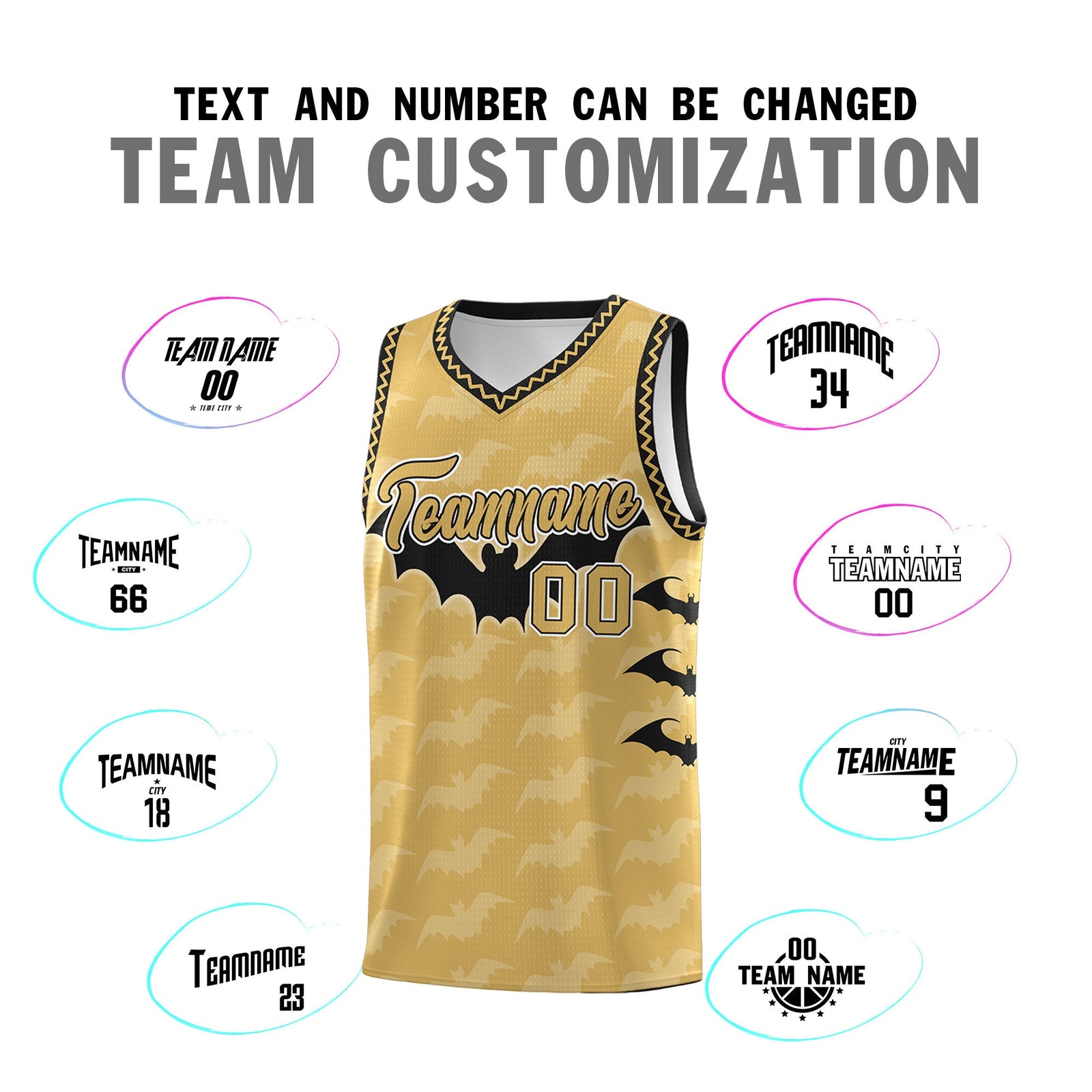 Custom Old Gold Black White Bat Pattern Halloween Basketball Jersey | For Men,For Kid,For Youth,Sublimation Printed,Perfect for Training,Perfect for Parties,Add Name and Numbern | KXKSHOP