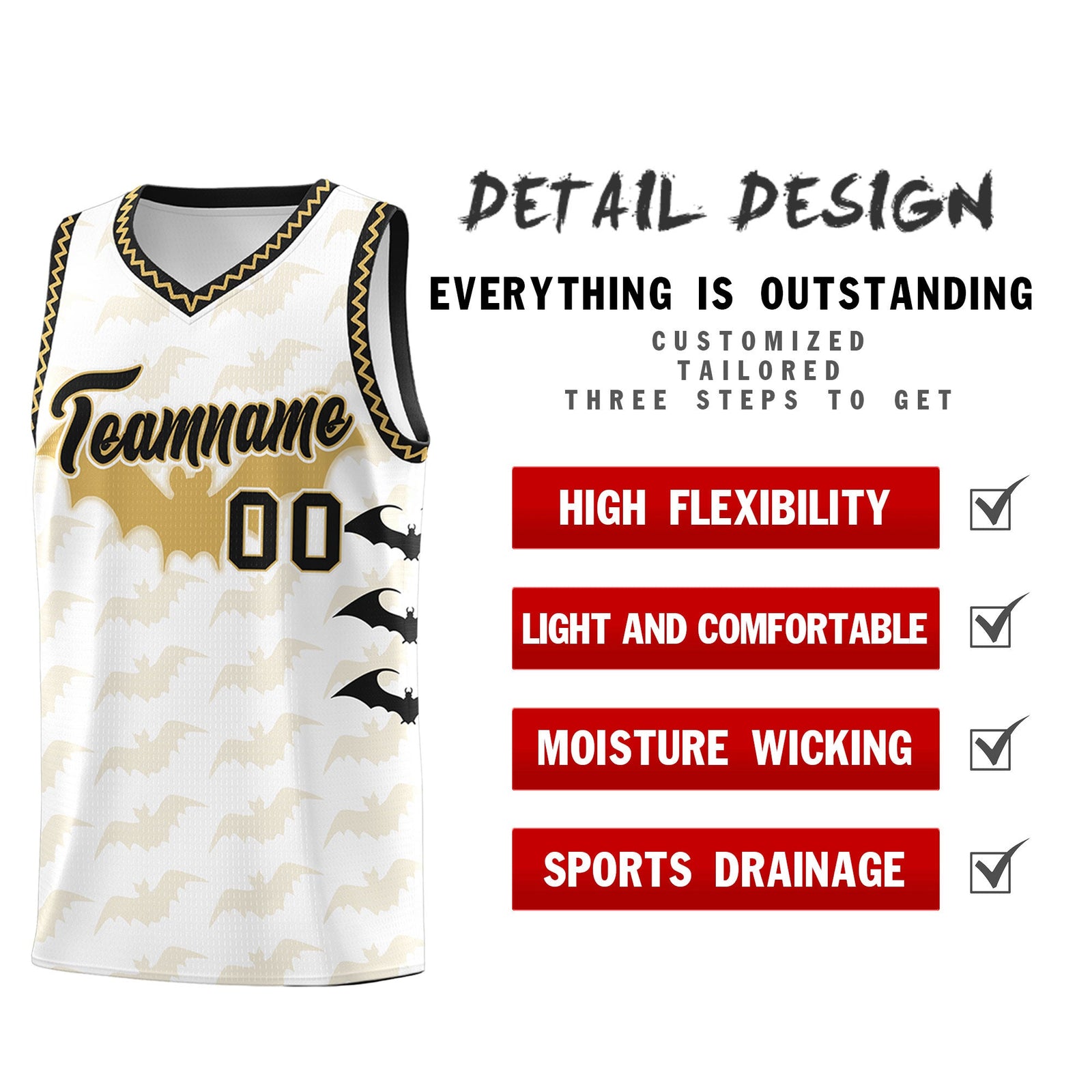Custom White Old Gold Bat Pattern Halloween Basketball Jersey | For Men,For Kid,For Youth,Sublimation Printed,Perfect for Training,Perfect for Parties,Add Name and Numbern | KXKSHOP
