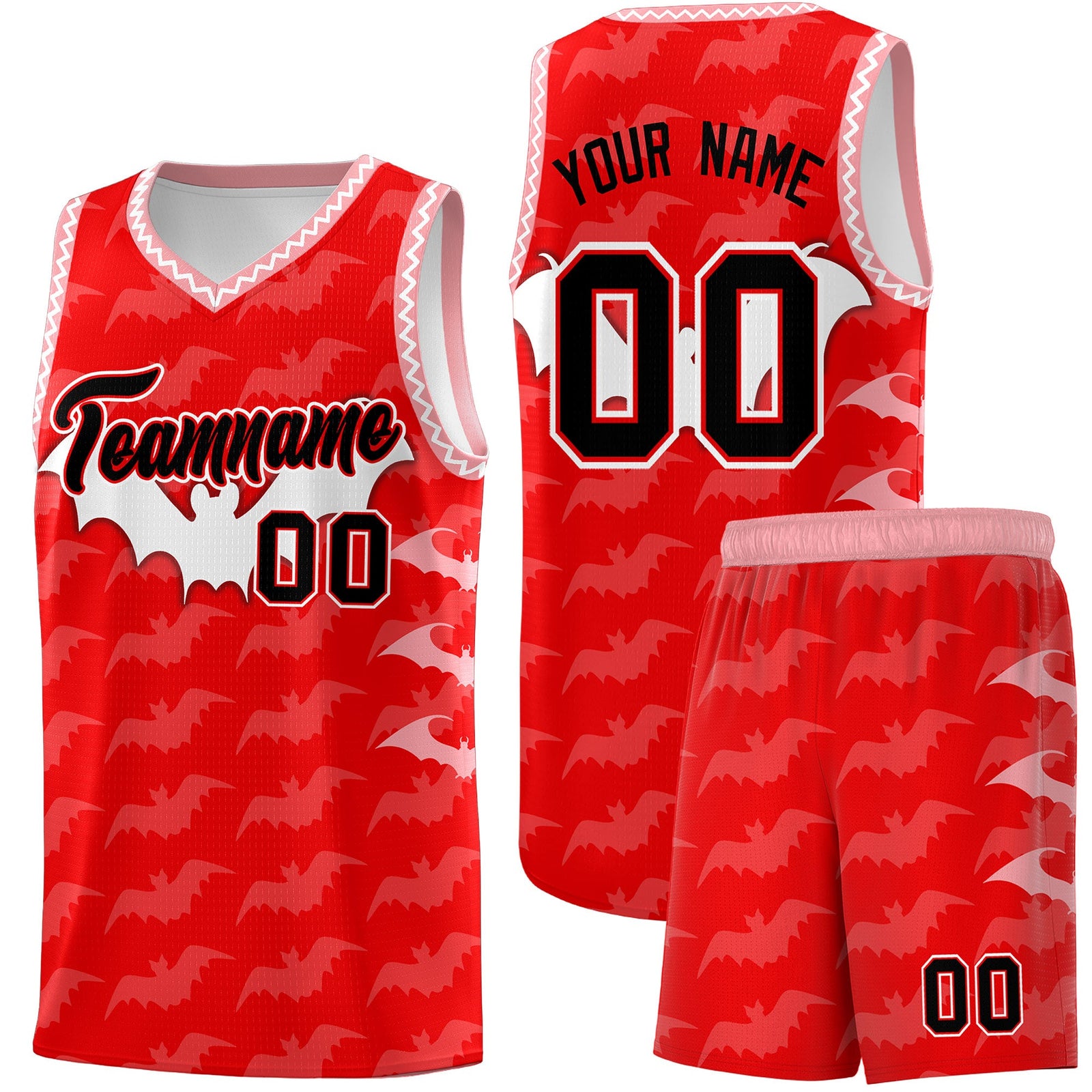 Custom Light Red White Bat Pattern Halloween Basketball Jersey | For Men,For Kid,For Youth,Sublimation Printed,Perfect for Training,Perfect for Parties,Add Name and Numbern | KXKSHOP