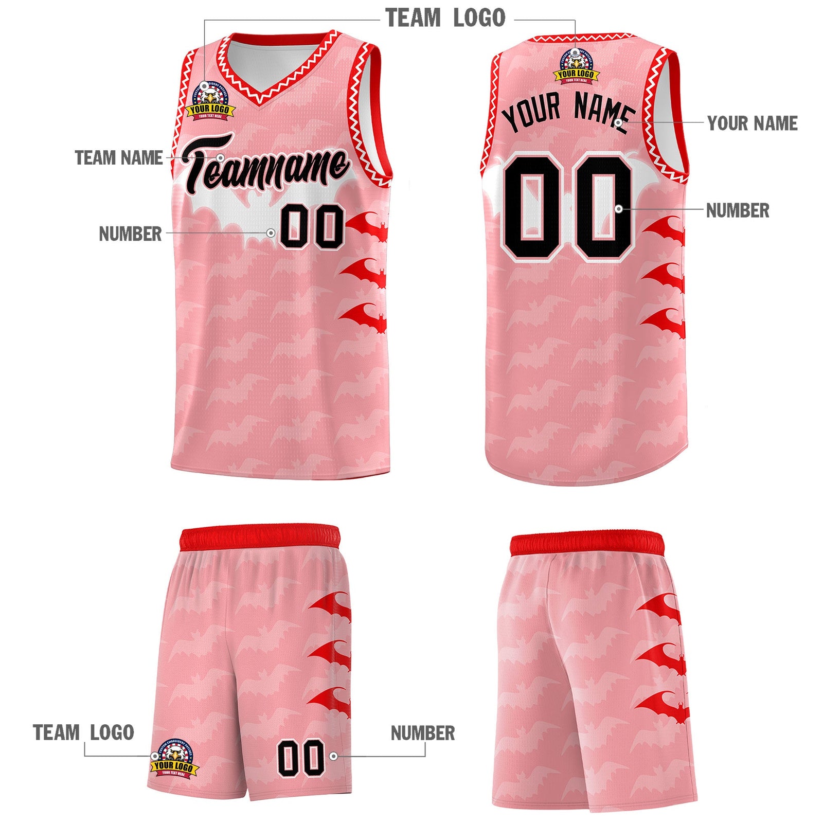 Custom Light Pink White Bat Pattern Halloween Basketball Jersey | For Men,For Kid,For Youth,Sublimation Printed,Perfect for Training,Perfect for Parties,Add Name and Numbern | KXKSHOP