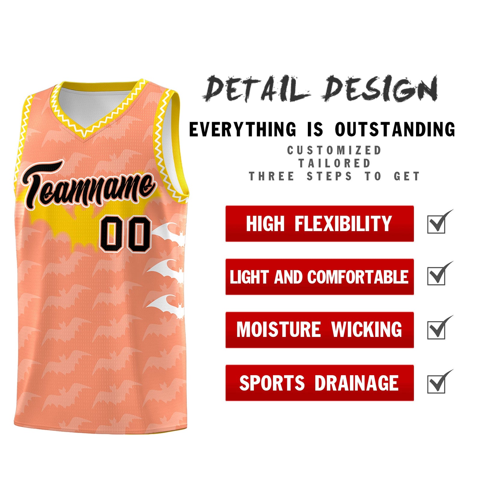 Custom Light Orange White Bat Pattern Halloween Basketball Jersey | For Men,For Kid,For Youth,Sublimation Printed,Perfect for Training,Perfect for Parties,Add Name and Numbern | KXKSHOP