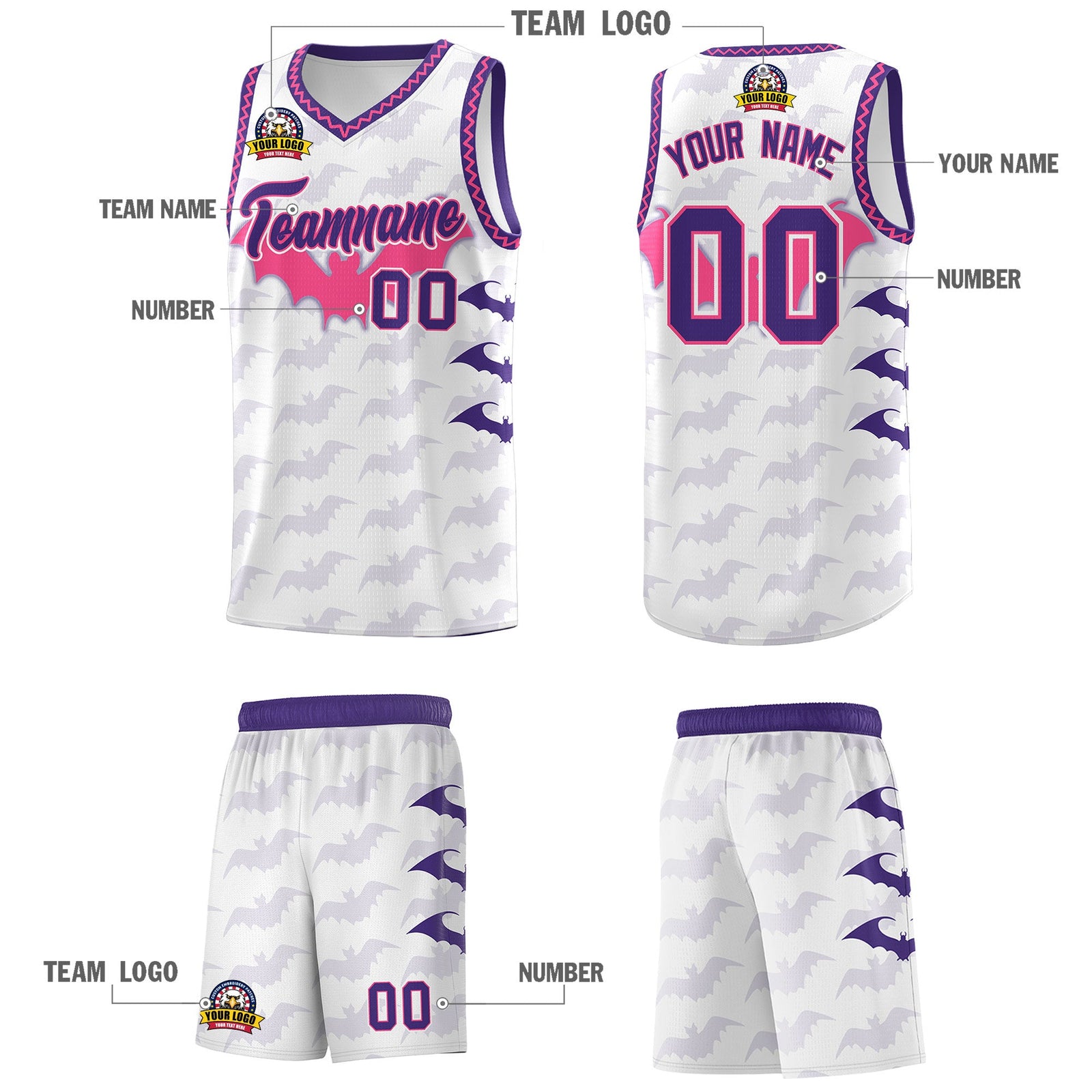 Custom White Pink Purple Bat Pattern Halloween Basketball Jersey | For Men,For Kid,For Youth,Sublimation Printed,Perfect for Training,Perfect for Parties,Add Name and Numbern | KXKSHOP