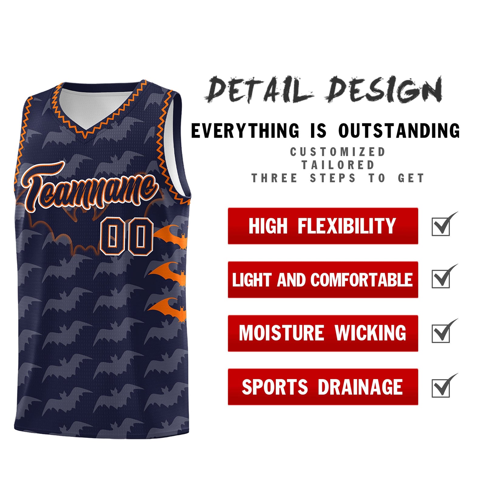 Custom Navy Orange Bat Pattern Halloween Basketball Jersey | For Men,For Kid,For Youth,Sublimation Printed,Perfect for Training,Perfect for Parties,Add Name and Numbern | KXKSHOP