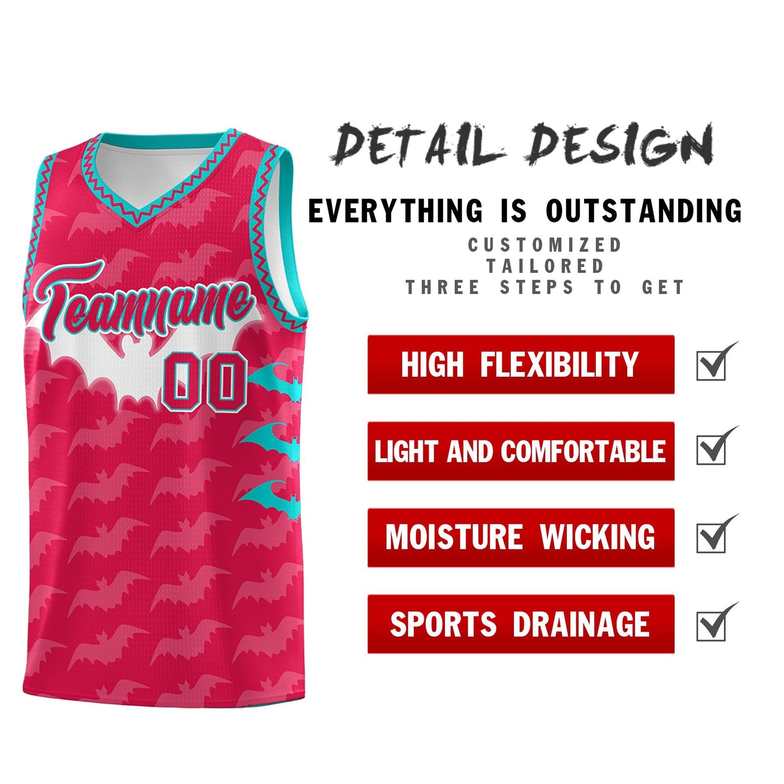 Custom Red White Aqua Bat Pattern Halloween Basketball Jersey | For Men,For Kid,For Youth,Sublimation Printed,Perfect for Training,Perfect for Parties,Add Name and Numbern | KXKSHOP