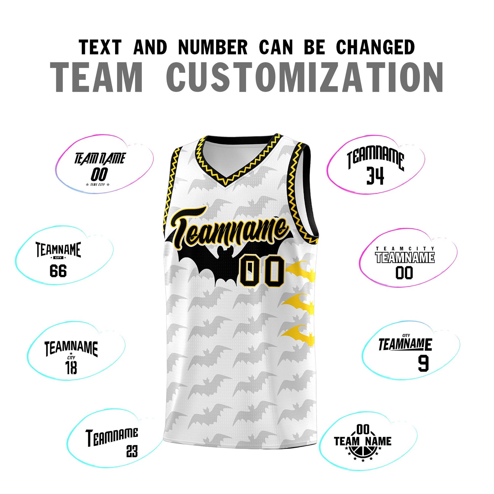Custom White Gold Black Bat Pattern Halloween Basketball Jersey | For Men,For Kid,For Youth,Sublimation Printed,Perfect for Training,Perfect for Parties,Add Name and Numbern | KXKSHOP